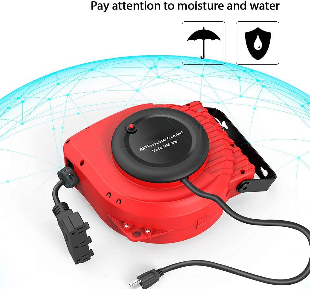 50FT Retractable Extension Cord Reel, 14AWG 13A Electrical Power Cord Reel, 3C SJT with Grounded Triple Tap Outlet, Wall/Ceiling Mount (180°Swivel), Adjustable Stopper Pack of 2