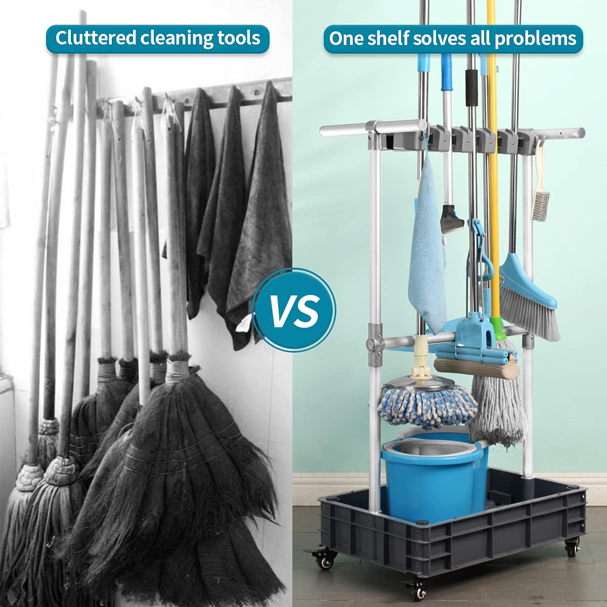 QTJH Broom And Mop Holder Put Wet Mops Movable Floor-Mounted Mop Rack Floor Standing Cleaning Tool Cart Storage For Garden Garage Schools, Hospitals, Factories, Hotels,Property Companies