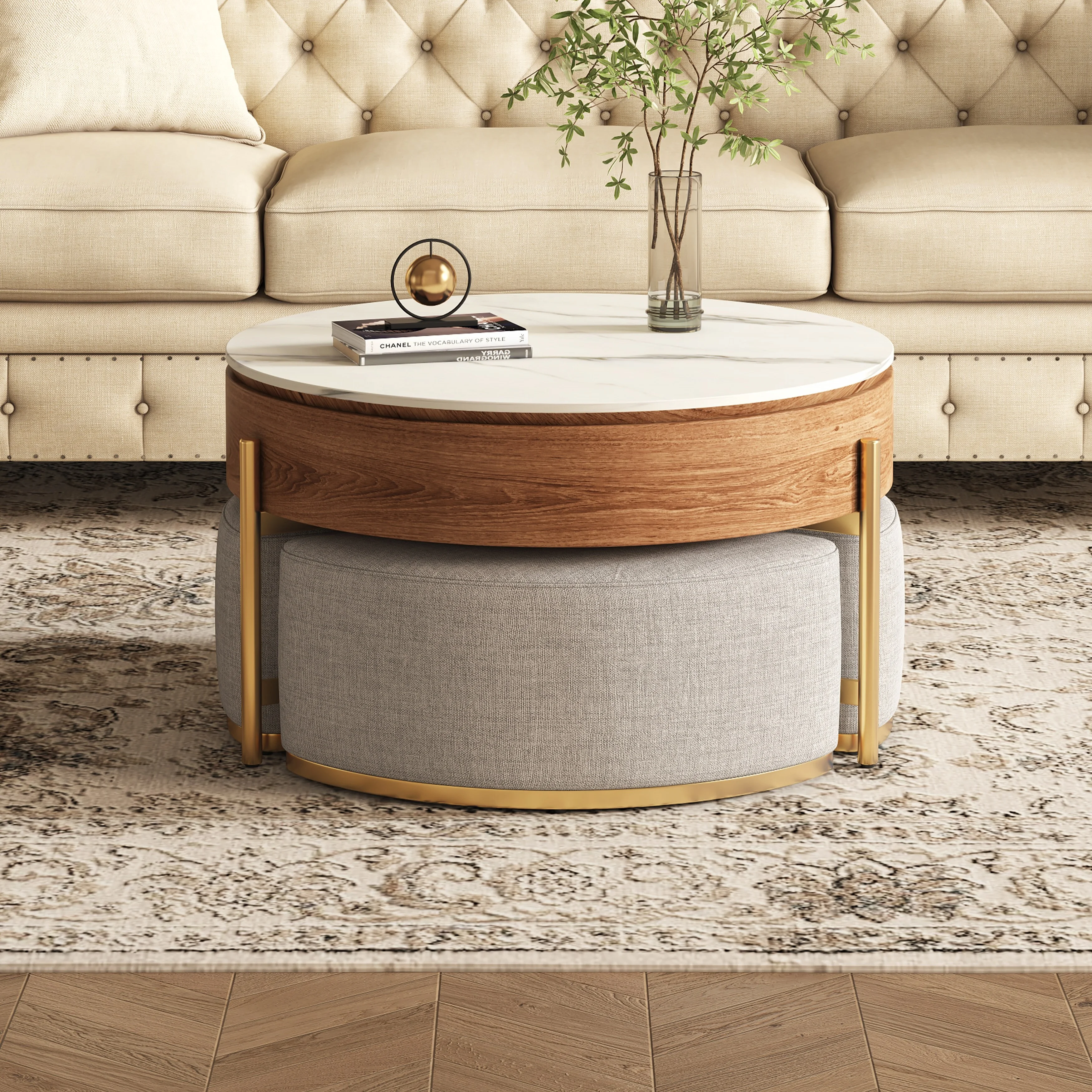Trade Penny LLC Lift Top 3 Legs Nesting Coffee Table with Storage 3 Stools Included - 31'5" x 31'5"