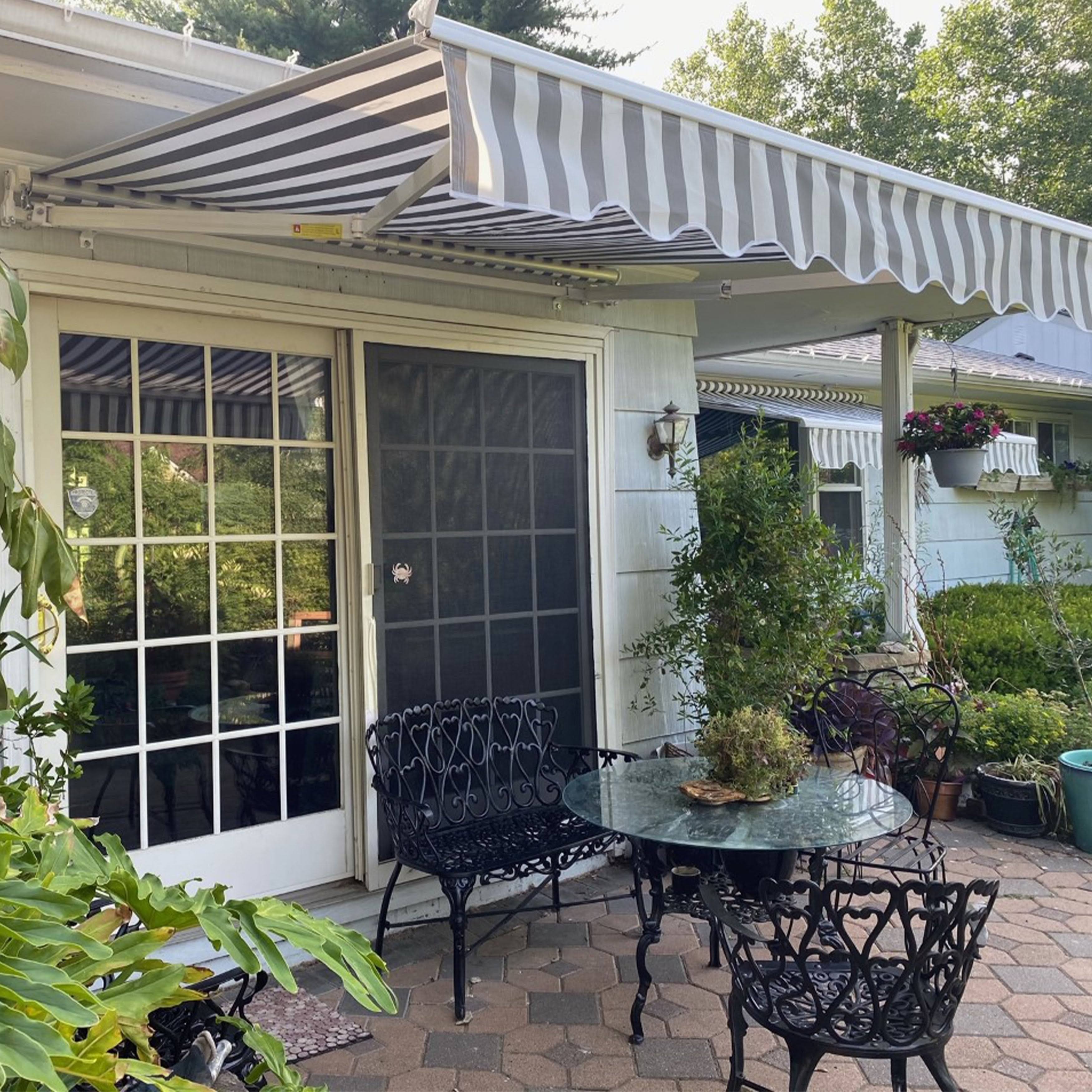 Aleko AWM12X10GREYWHT Retractable Motorized Patio Awning 12 x 10 Feet Gray and White Striped