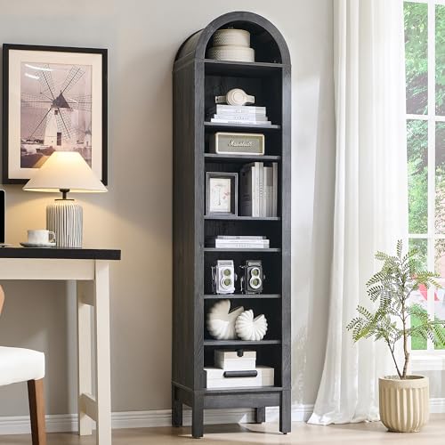 71" Tall Arched Bookshelf, 7 Tiers Arch Bookcase with Storage, Modern Farmhouse Book Shelf with Adjustable Shelves, Wood Bookshelf w/Open Display Shelves for Living Room, Office (Natural)