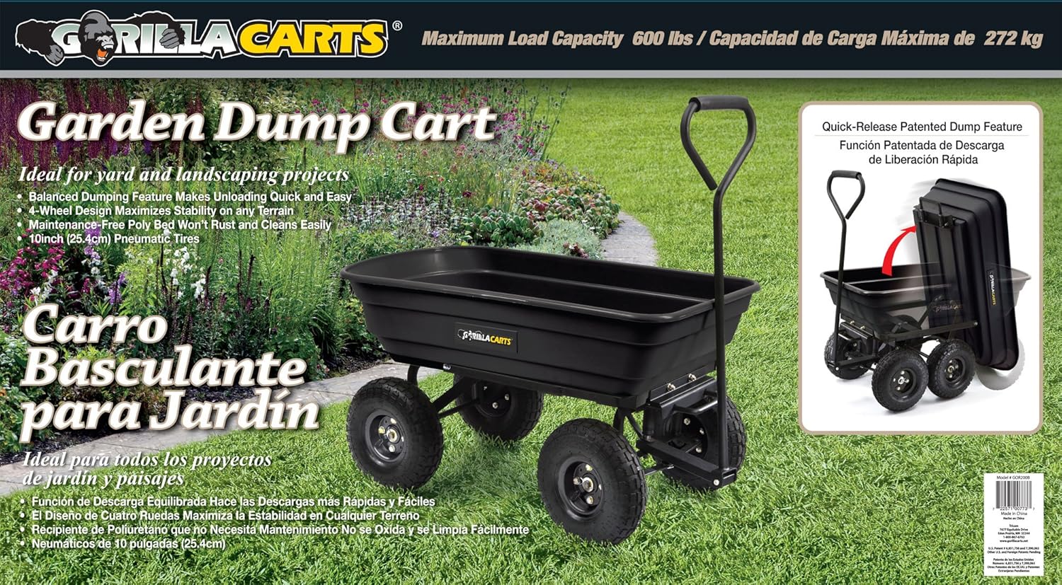 Gorilla Carts GOR200B Poly Garden Dump Cart with Steel Frame and 10-Inch Pneumatic Tires, 600-Pound Capacity, 36-Inch by 20-Inch Bed, Black Finish