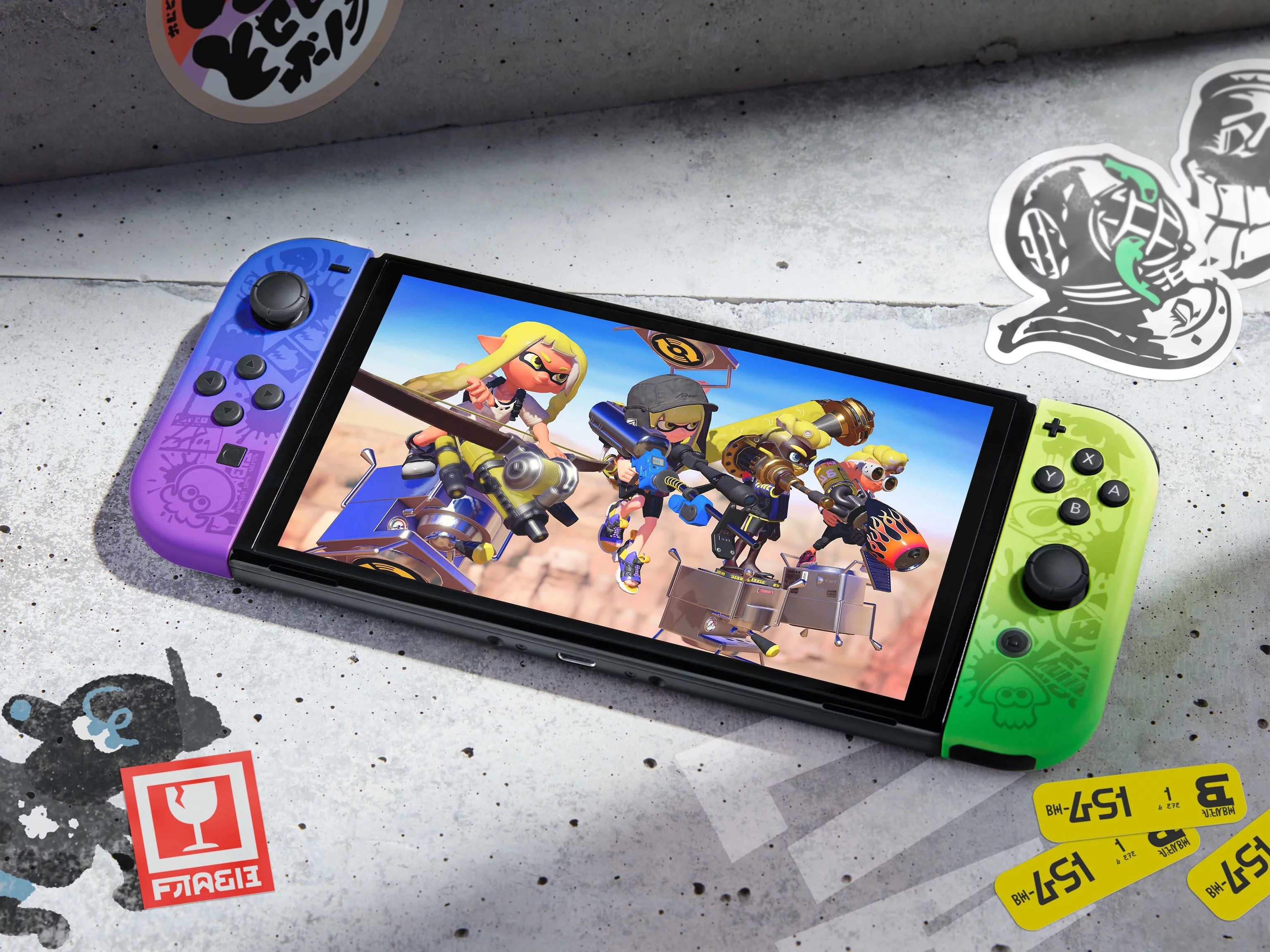 2022 Nintendo Switch OLED Splatoon 3 Limited Edition with Splatoon 3 Game, Blue & Yellow Gradient Joy-Con 64GB Console, LAN-Port Graffiti-themed Dock, Mytrix Bamboo Wireless Pro Controller & Accessory