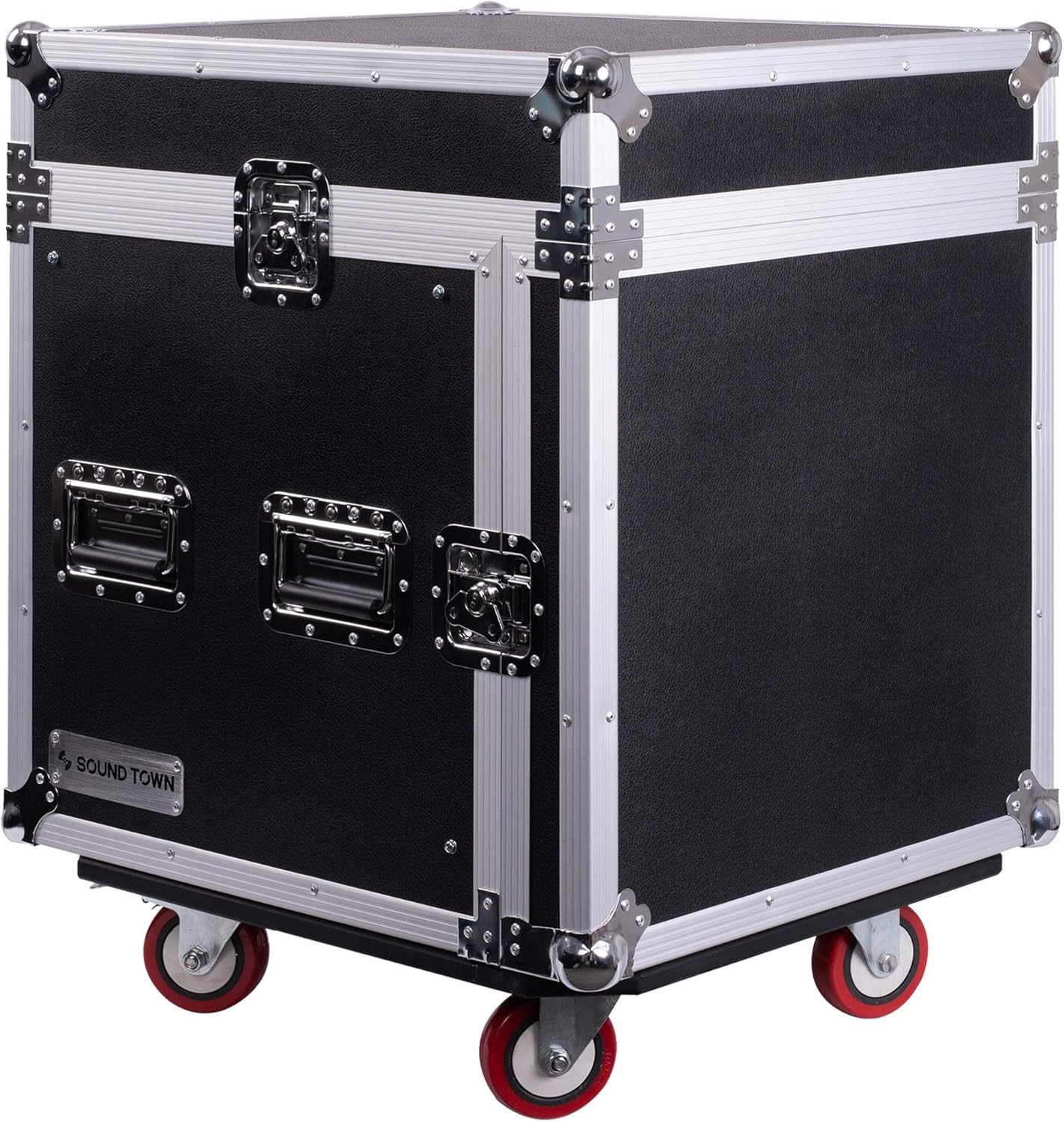 Sound Town 8U PA DJ Pro Audio Rack/Road ATA Case with 13U Slant Mixer Top, 23.5’’ Rackable Depth and Casters, 8 Space Size, Pro Tour Grade (STMR-8UW)