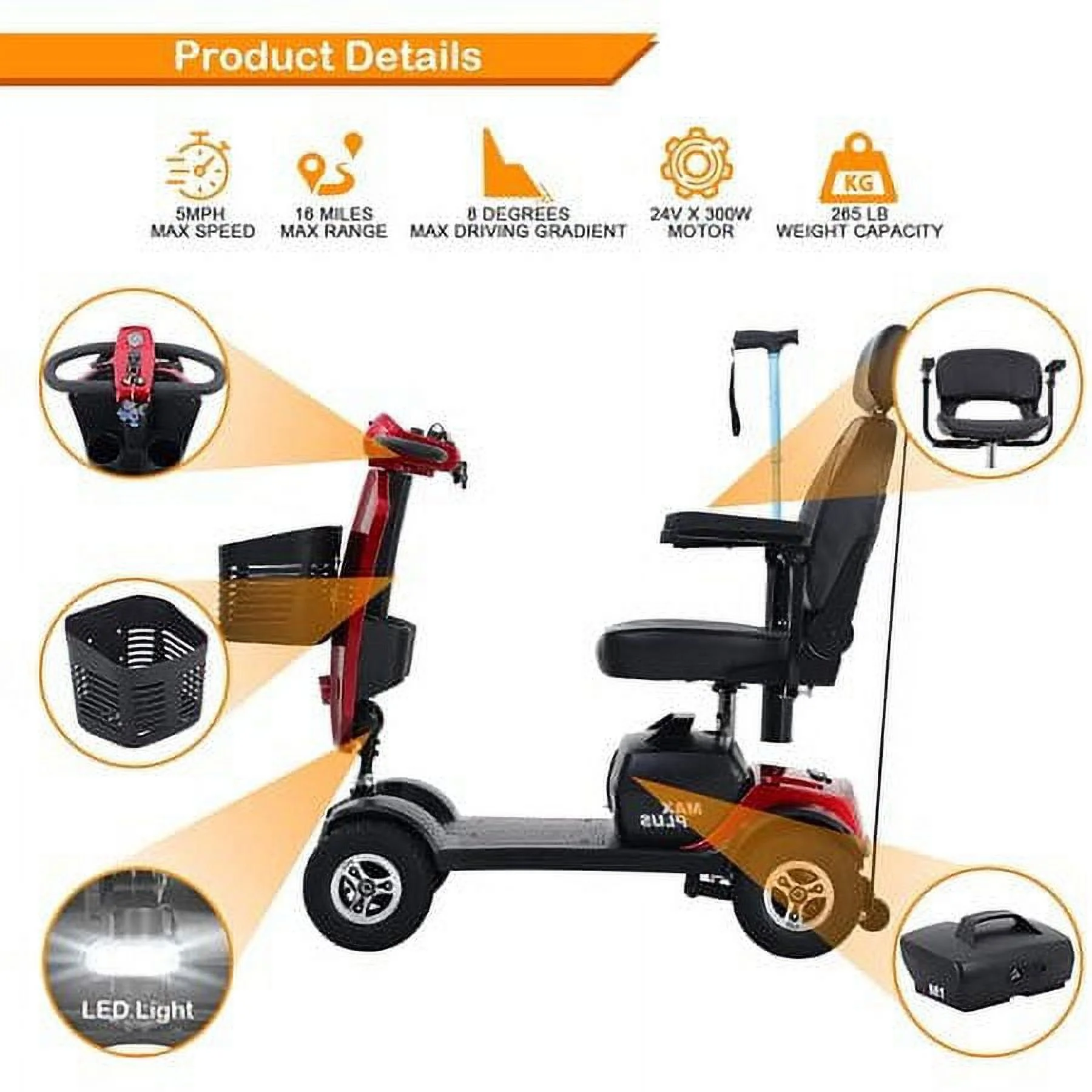 Mobility Scooter 4 Wheels LED Lights USB Port Extra Long Range for Seniors Adults Red