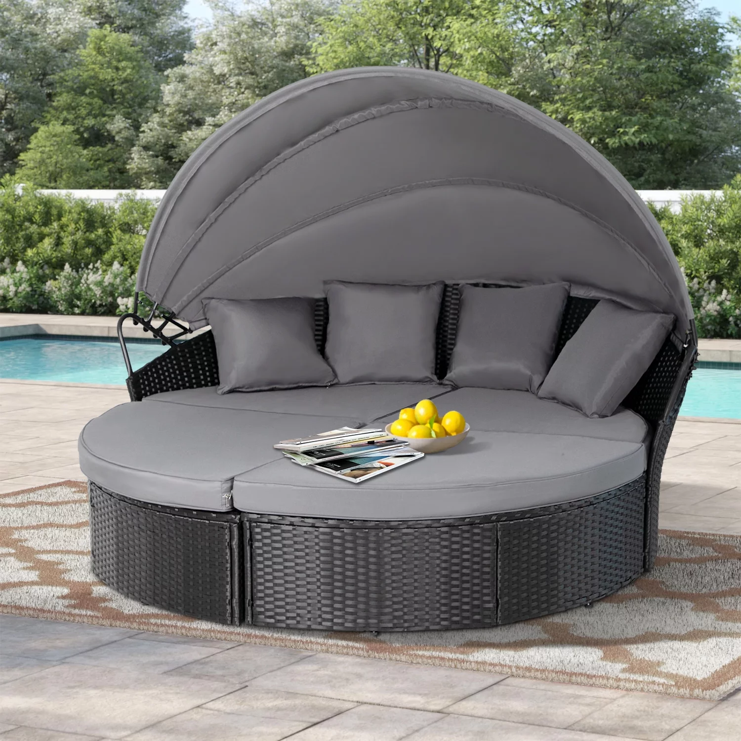 SUNCROWN 4 Piece Outdoor Round Canopy Daybed Black Wicker Patio Furniture Set with Cushions