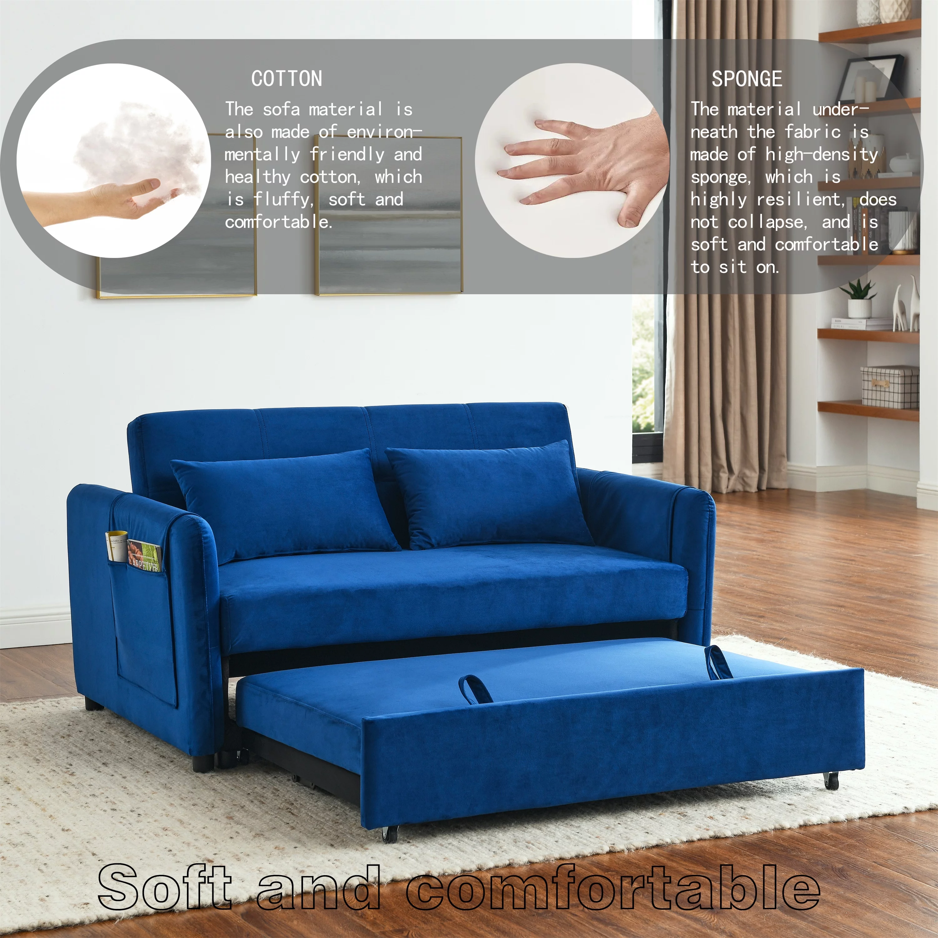 Modern Velvet Pull Out Convertible Sleeper Sofa Bed, Folding Loveseat Futon Couch with Adjustable Backrest Lumbar Pillows for Living Room Bedroom Office - Curated Treasures Market