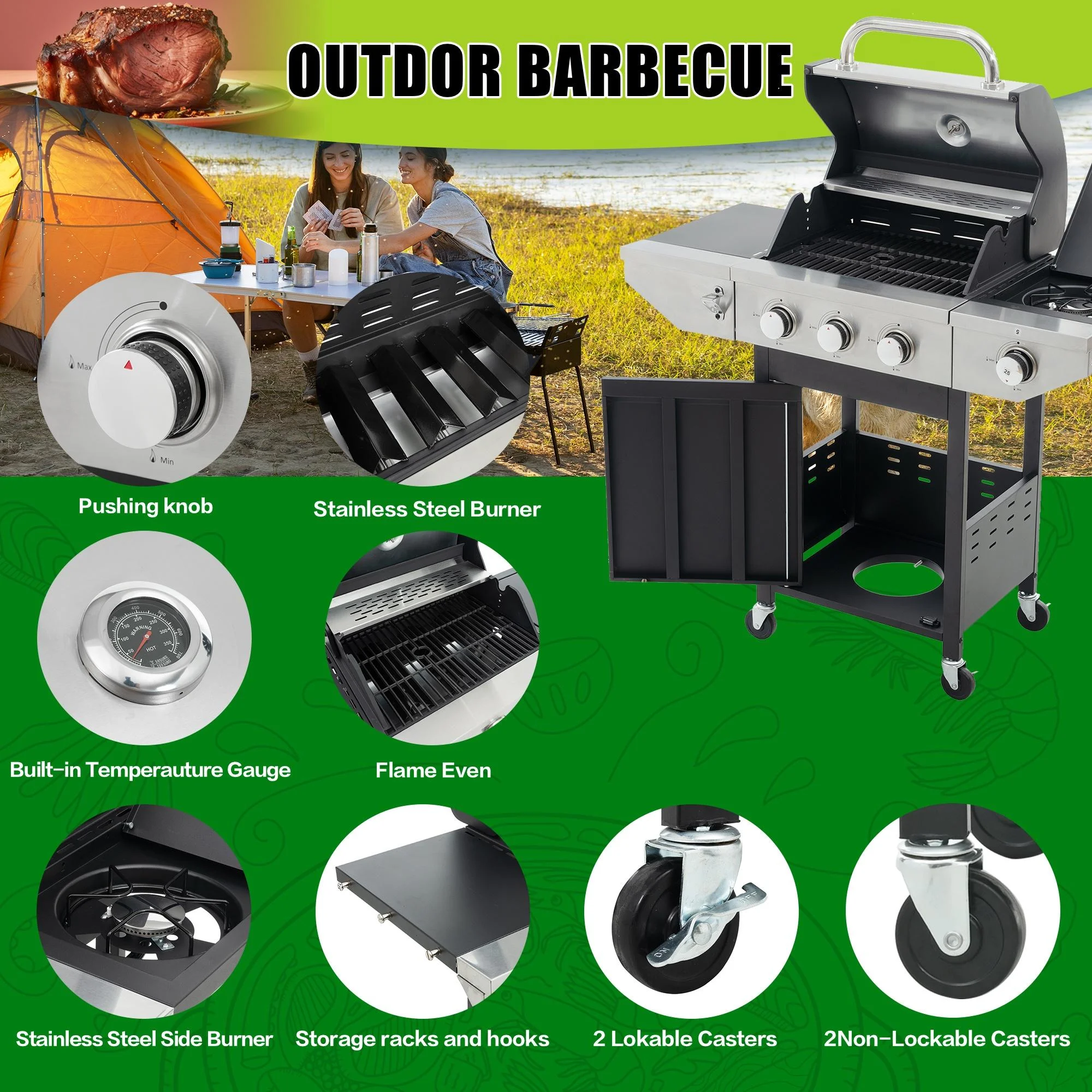 SEGMART 3 Burner BBQ Propane Gas Grill with Side Burner, Stainless Steel 37,150 BTU Patio Garden Barbecue Grill with Lid, Wheels, Shelves and Bottle Opener, Perfect for Camping, Outdoor Cooking