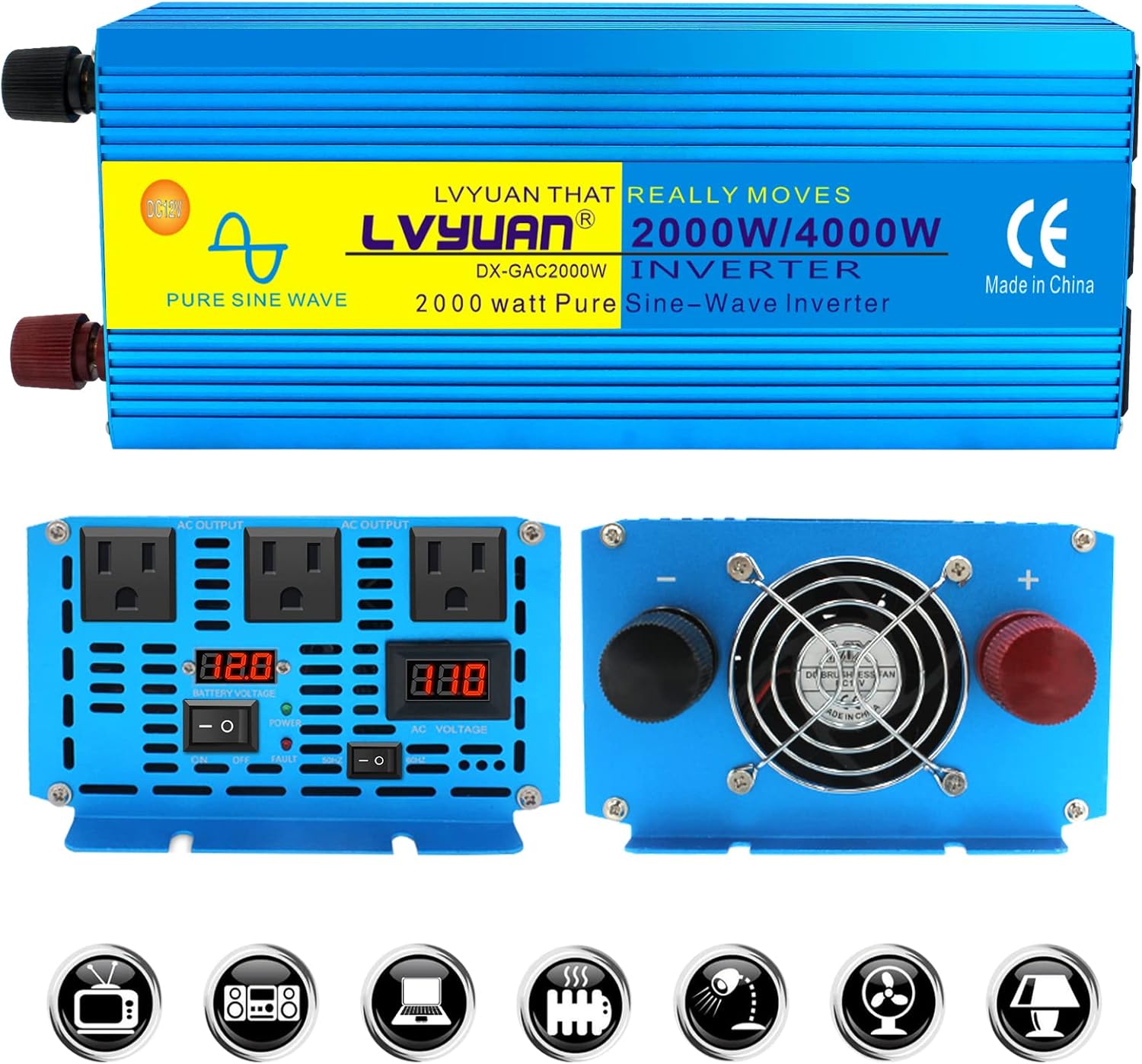 Yinleader 2000W Pure Sine Wave Inverter Power Inverter Peak Power 4000W 12V DC to 110V 120V AC with LED Display 3 AC Outlets for RV Car Solar System Emergency