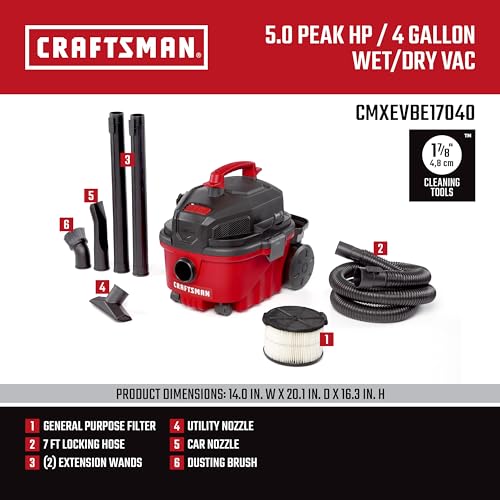 CRAFTSMAN CMXEVBE17040 4 Gallon 5.0 Peak HP Wet/Dry Vac, Portable Shop Vacuum with Attachments