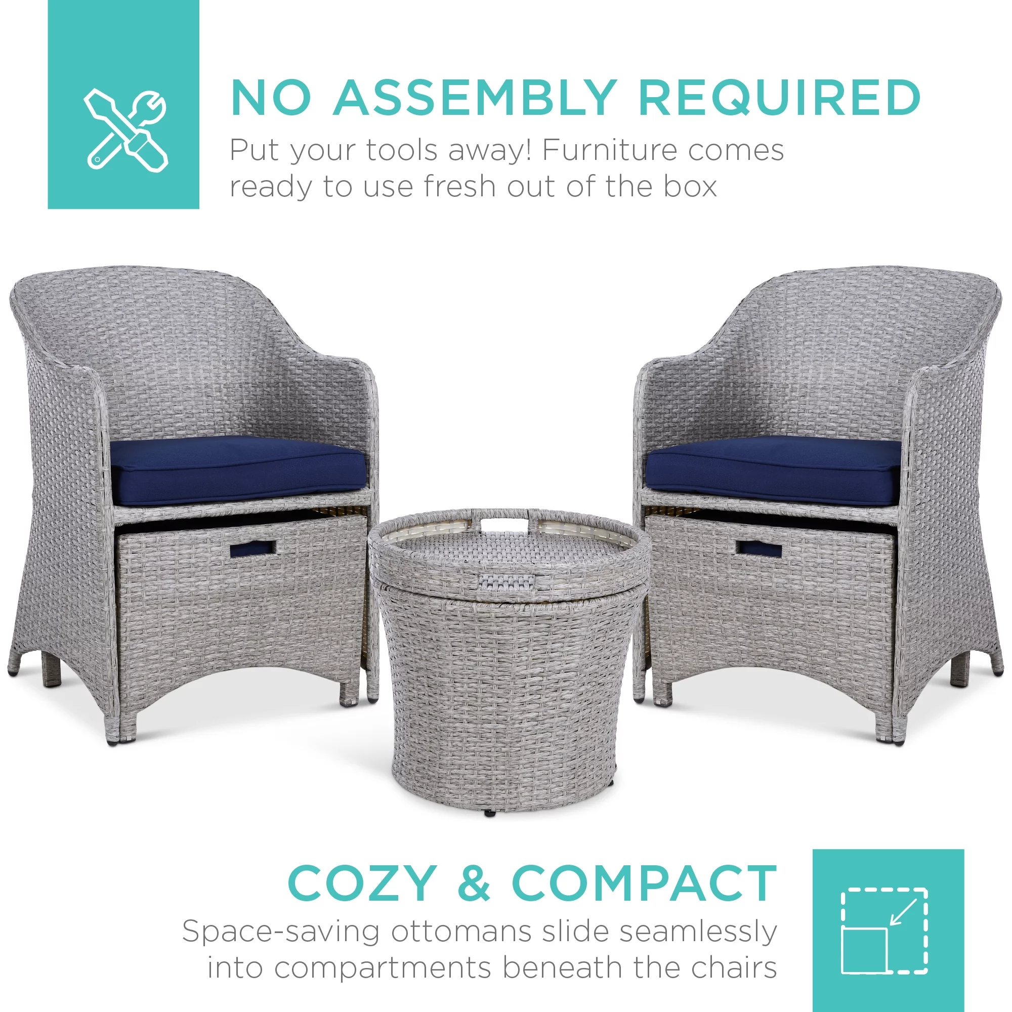 Best Choice Products 5-Piece Outdoor Wicker Patio Bistro  Furniture Set w/ Storage Table, No Assembly - Gray/Navy