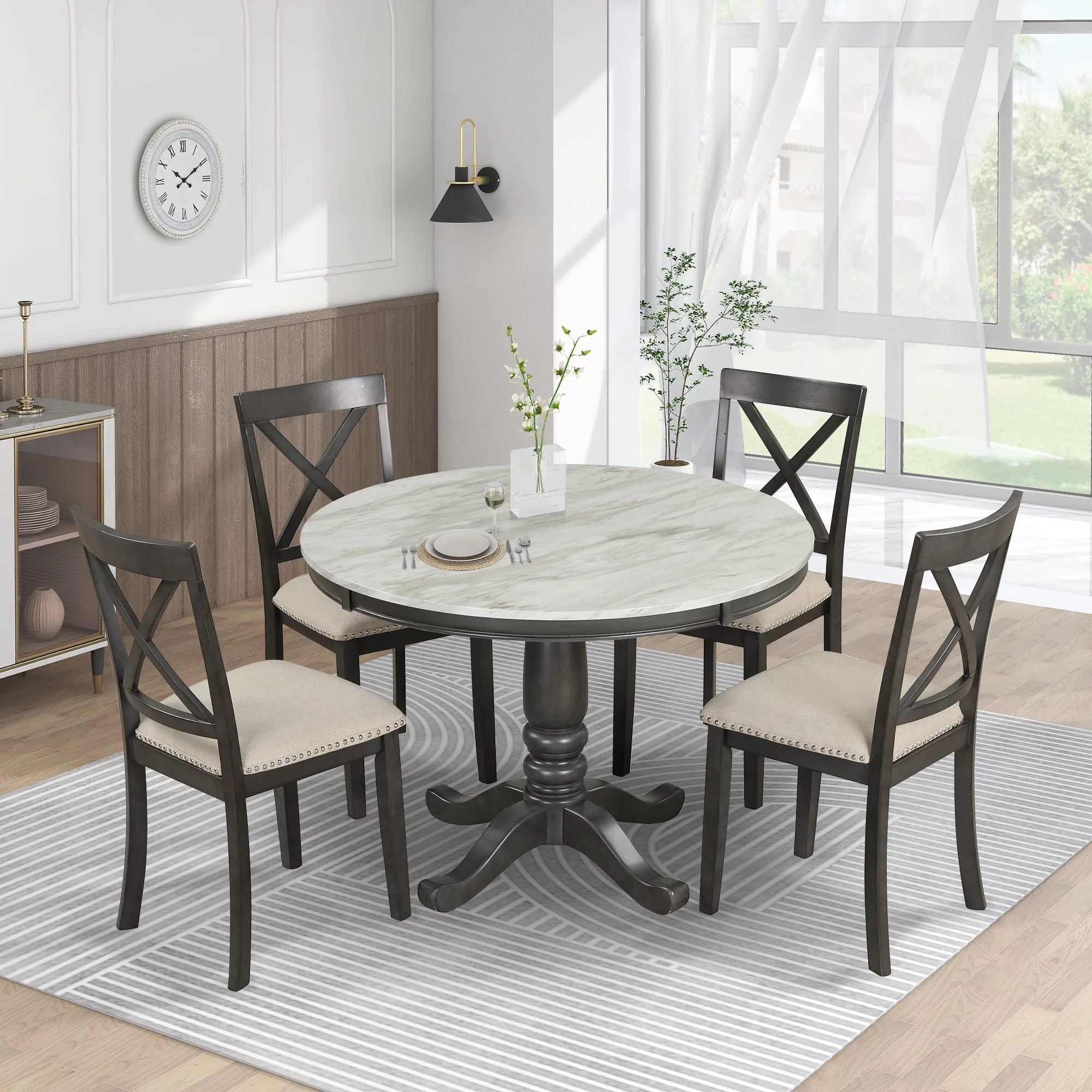5 Piece Modern Solid Wood Dining Room Set with 4 Chairs, Simple Style Kitchen Table Set with Table and 4 Cross Back Chairs, Round Table with Chairs for Small Places (Gray)