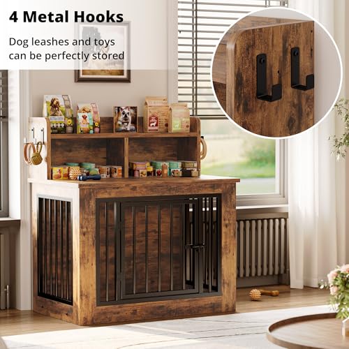 IRONCK Extra Large Dog Crate Furniture, 43.3 inches Wooden Dog Crate with Storage and 4 Hooks, Heavy Duty Pet Crate for Large Dog, Decorative Pet Cage for Indoor (30" L x 43.3" W x 41.1" H)