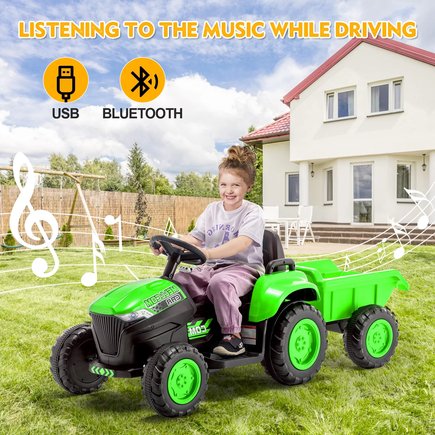 Erommy Kids Ride on Tractor with Remote Control, 12V Battery Powered Electric Tractor with 30W Dual Motors/Cool Lights/Bluetooth Music for Kids, Green