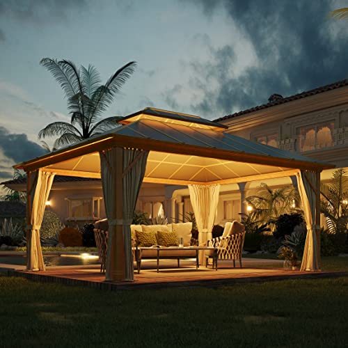 YOLENY 10' x 12' Hardtop Gazebo, Wood-Looking Gazebo with Galvanized Steel Double Roof, Aluminum Frame, Permanent Metal Pavilion with Netting and Curtains for Deck, Backyard, Patio and Lawns