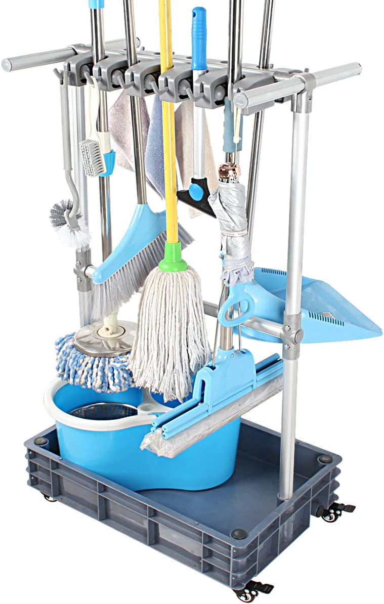 QTJH Broom And Mop Holder Put Wet Mops Movable Floor-Mounted Mop Rack Floor Standing Cleaning Tool Cart Storage For Garden Garage Schools, Hospitals, Factories, Hotels,Property Companies