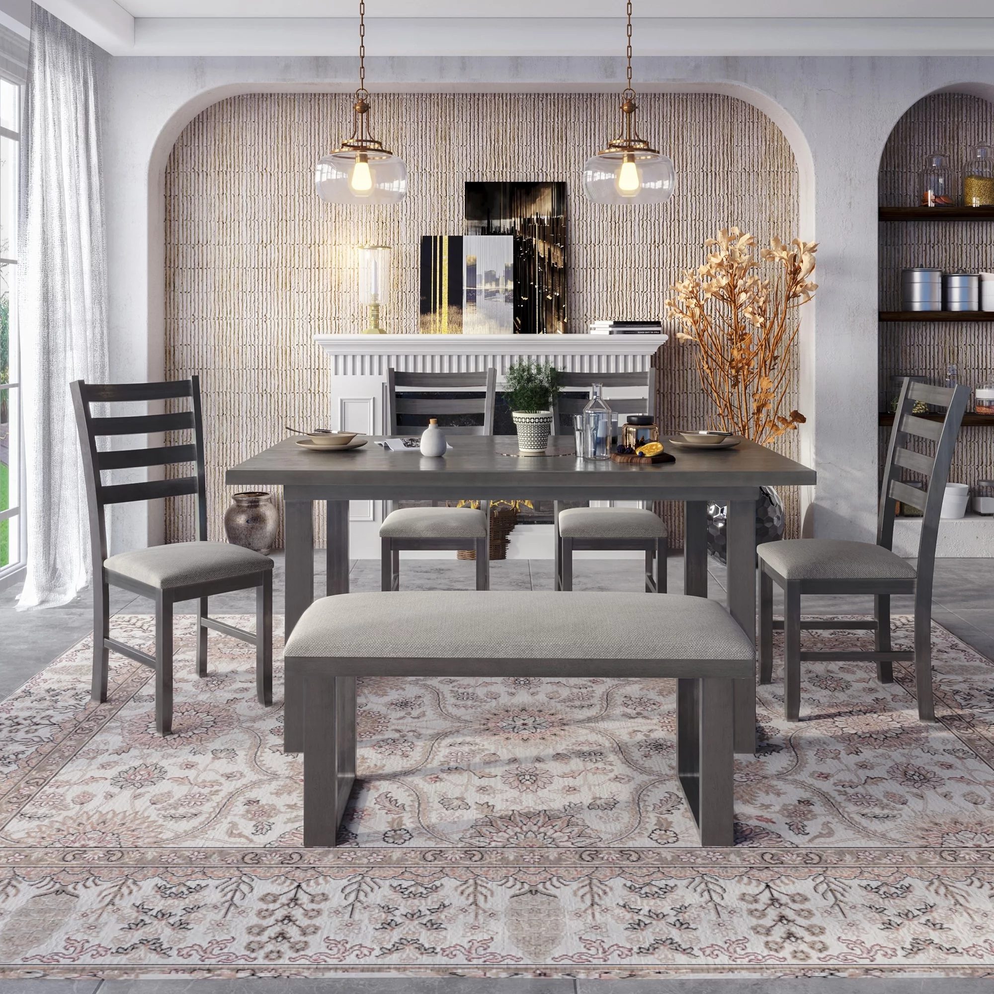 6-Piece Solid Wood Dining Set - Rectangular Table, 4 Chairs, and Bench in Gray - Contemporary Style for Family Gatherings