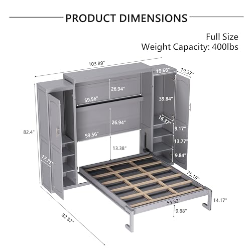 KLMM Wooden Murphy Bed Wall Bed with 2 Wardrobe and Storage Shelf,Foldable Platform Bedframe for Guest-Room Bedroom Study Office Use (White#E, Full)