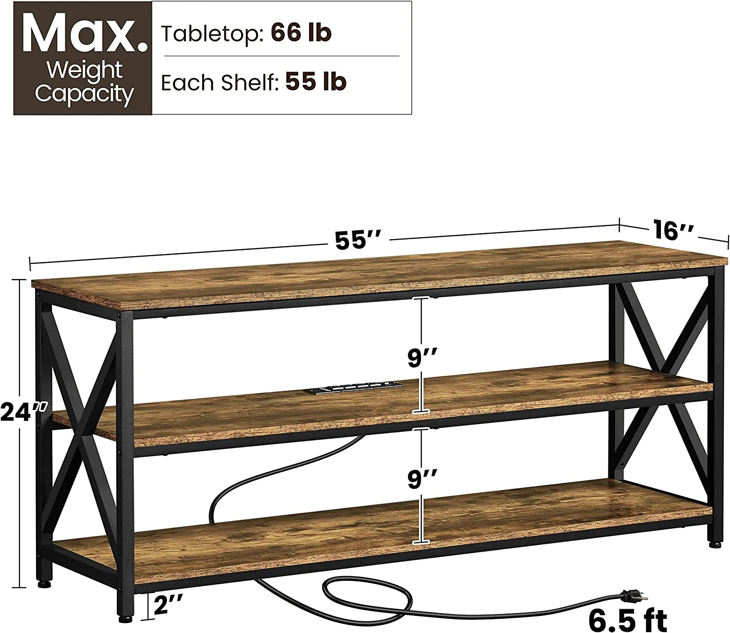 TV Stand for TV up to 65 inch, Industrial TV Cabinet with Power Outlets for Living Room, Media Entertainment Center TV Console with 3 Tier Storage Shelves & Charging Station, Rustic Brown