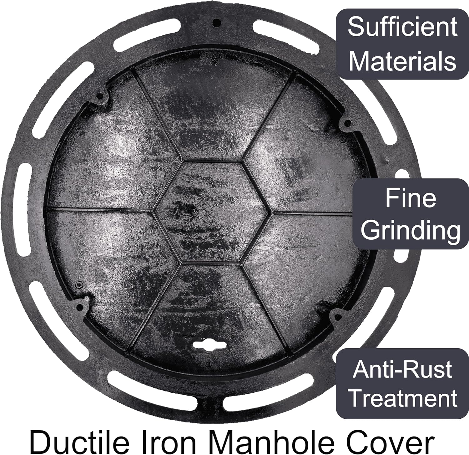 20” Cast Iron Manhole Cover and Frame, Black Septic Tank Lid with Base, Round Sewage Basin Cover, Heavy Duty Flat Cover for Corrugated Pipe or Riser (True Diameter 19.7 In)