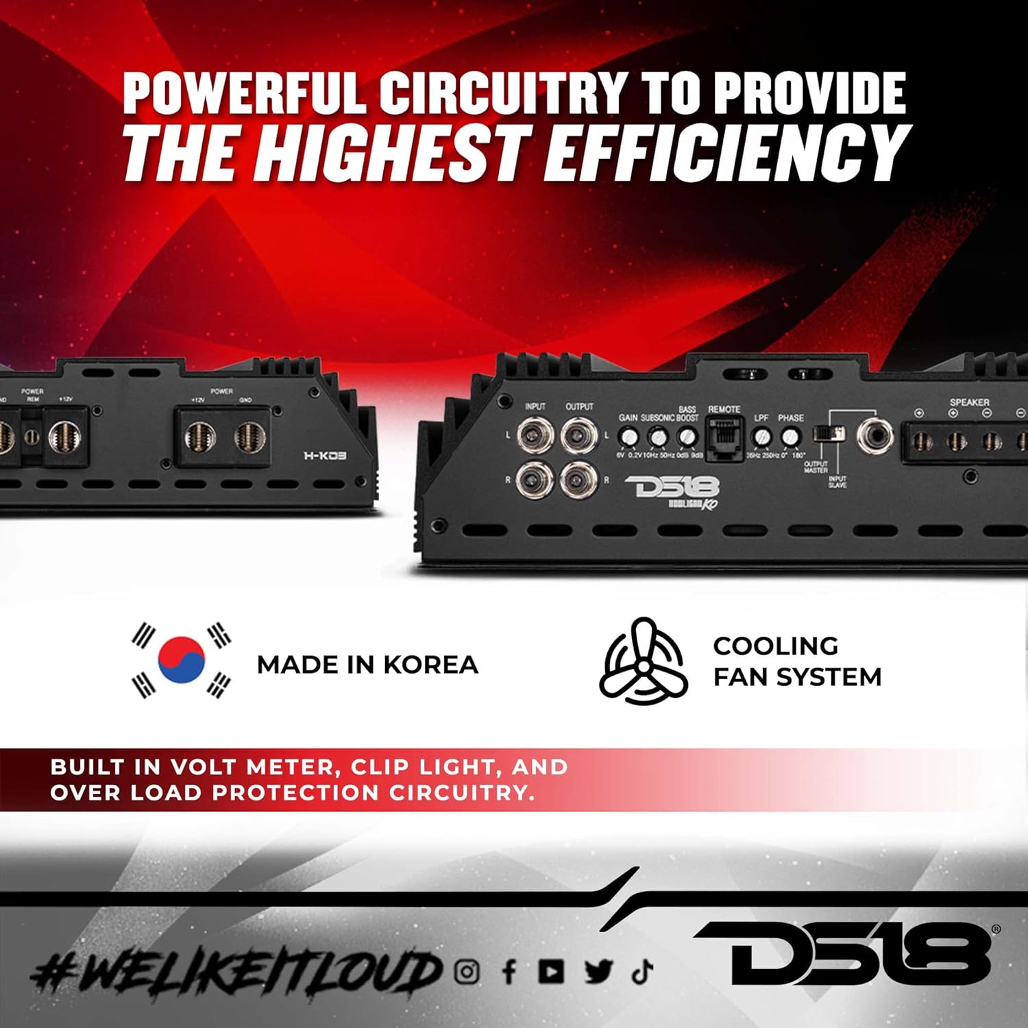 DS18 H-KO3 Korean Half Bridge 1-Channel Monoblock Car Audio Amplifier with Voltmeter and Clip Indicator, 3000 Watts Rms - Remote BASS Knob Included