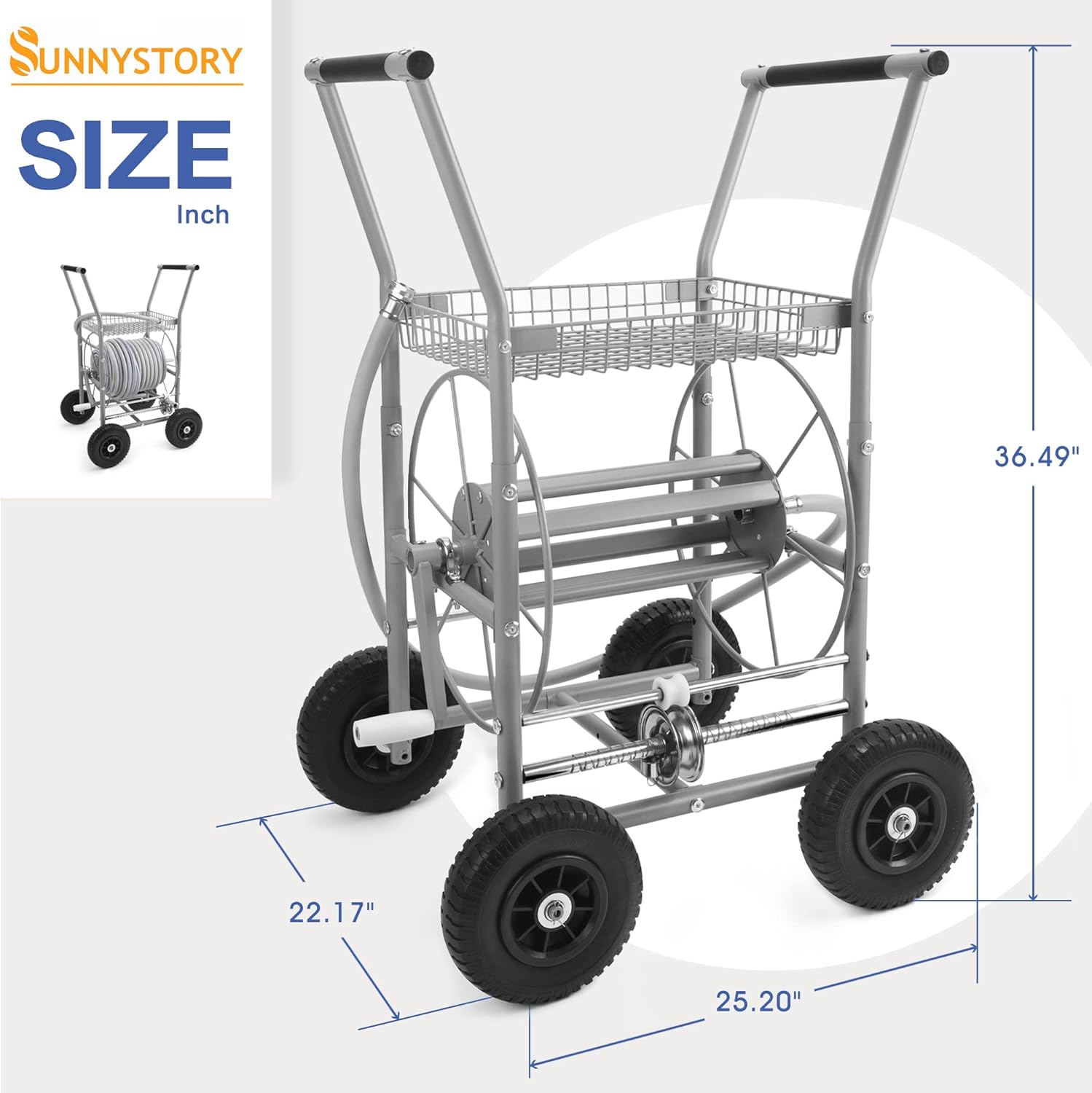 SUNNYSTORY All Metal Garden Hose Reel Cart with Hose Guide System, Holds 150 Feet of 5/8 Inch Hose Cart with Solid Tires for Garden, Yard, Lawn