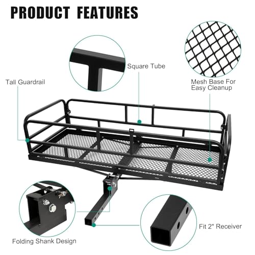 Hitch Cargo Rack, 60 x 24 x 14 Inch Folding Hitch Mount Cargo Carrier with High Side Rails for Trailer RV Truck SUV Van, 500 lbs. Capacity, 2" Receiver