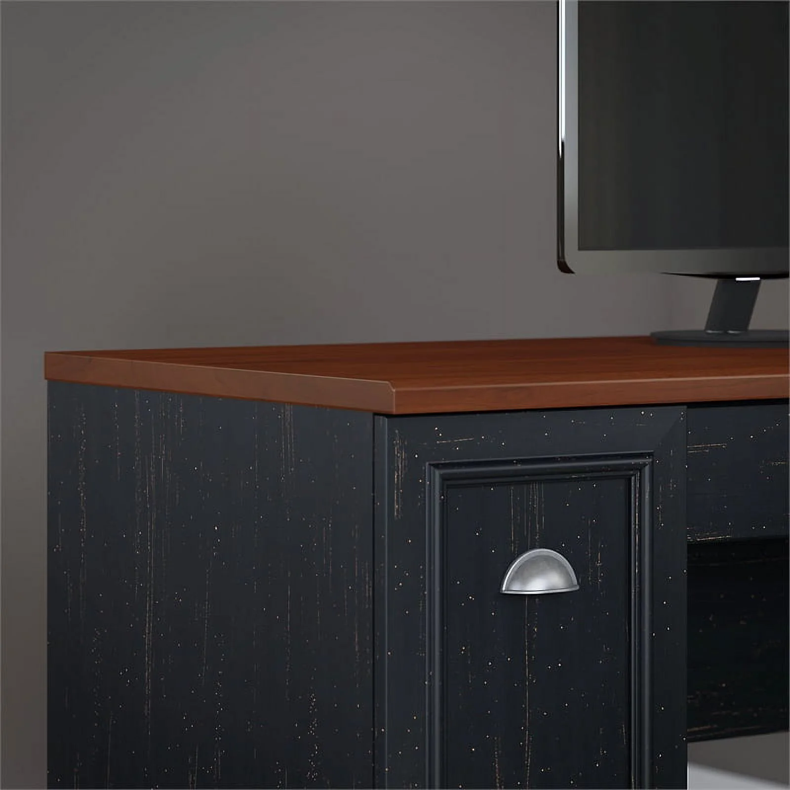 Pemberly Row Engineered Wood L Desk 5 Pc Office Set w/ Storage in Antique Black