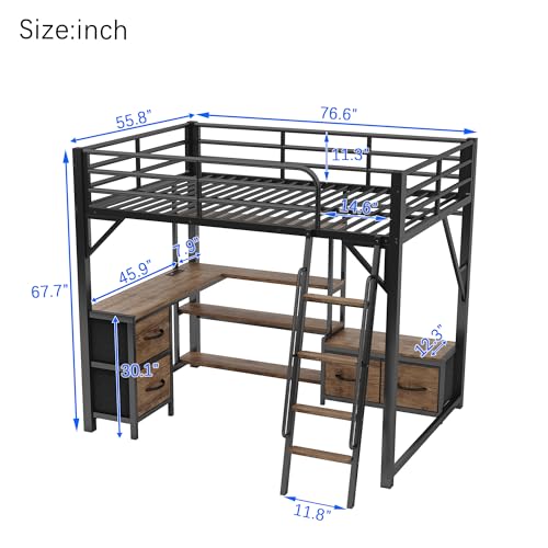 Full Size Loft Bed with Stairs and Storage, Metal Loft Bed Frame with Bedside Shelf and Large Under-Bed Space, Heavy-Duty Bed for Adults Teens and Kids, Black