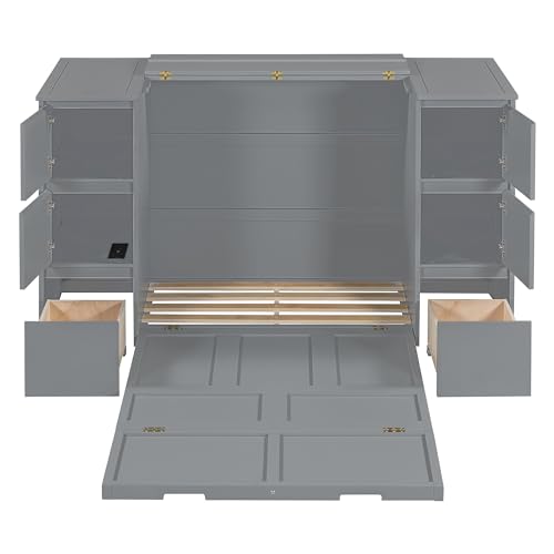Twin Size Murphy Beds with Charging Station and Storage Drawers, Wood Cabinet Bed Frame, Wall Bed with Outlet & USB Ports for Home Office Studio, White