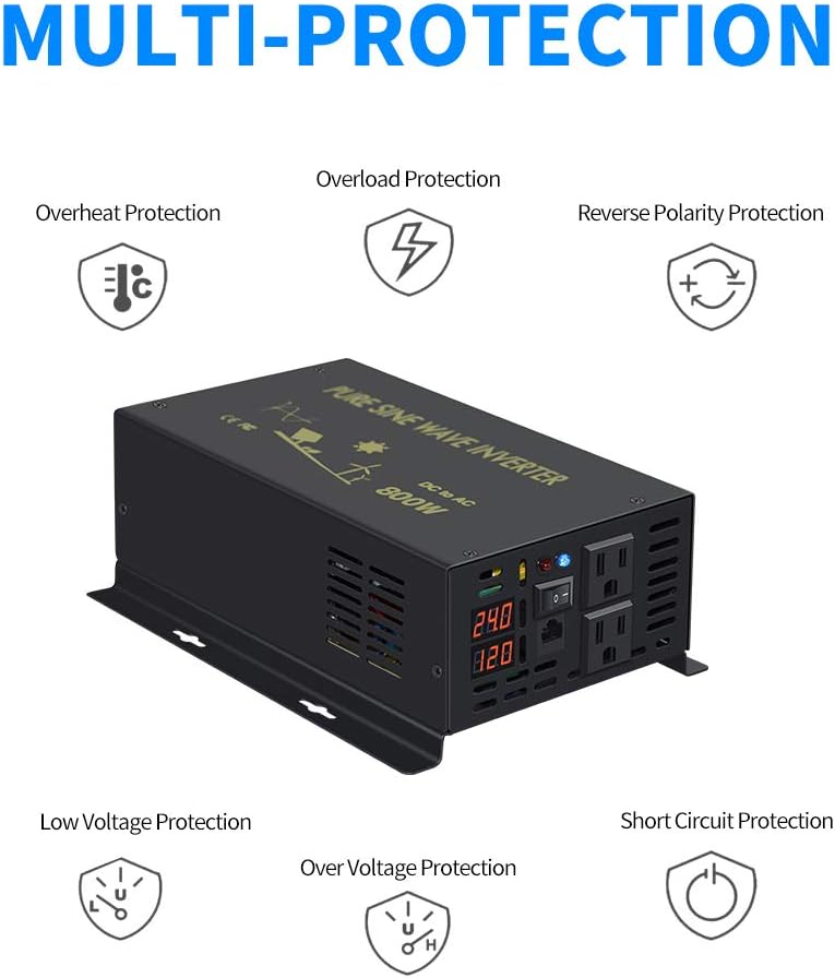 Pure Sine Wave Inverter 800Watt 12V DC to 110V 120V Power Inverter with Remote Control Dual AC Outlets for CPAP RV Car Solar System