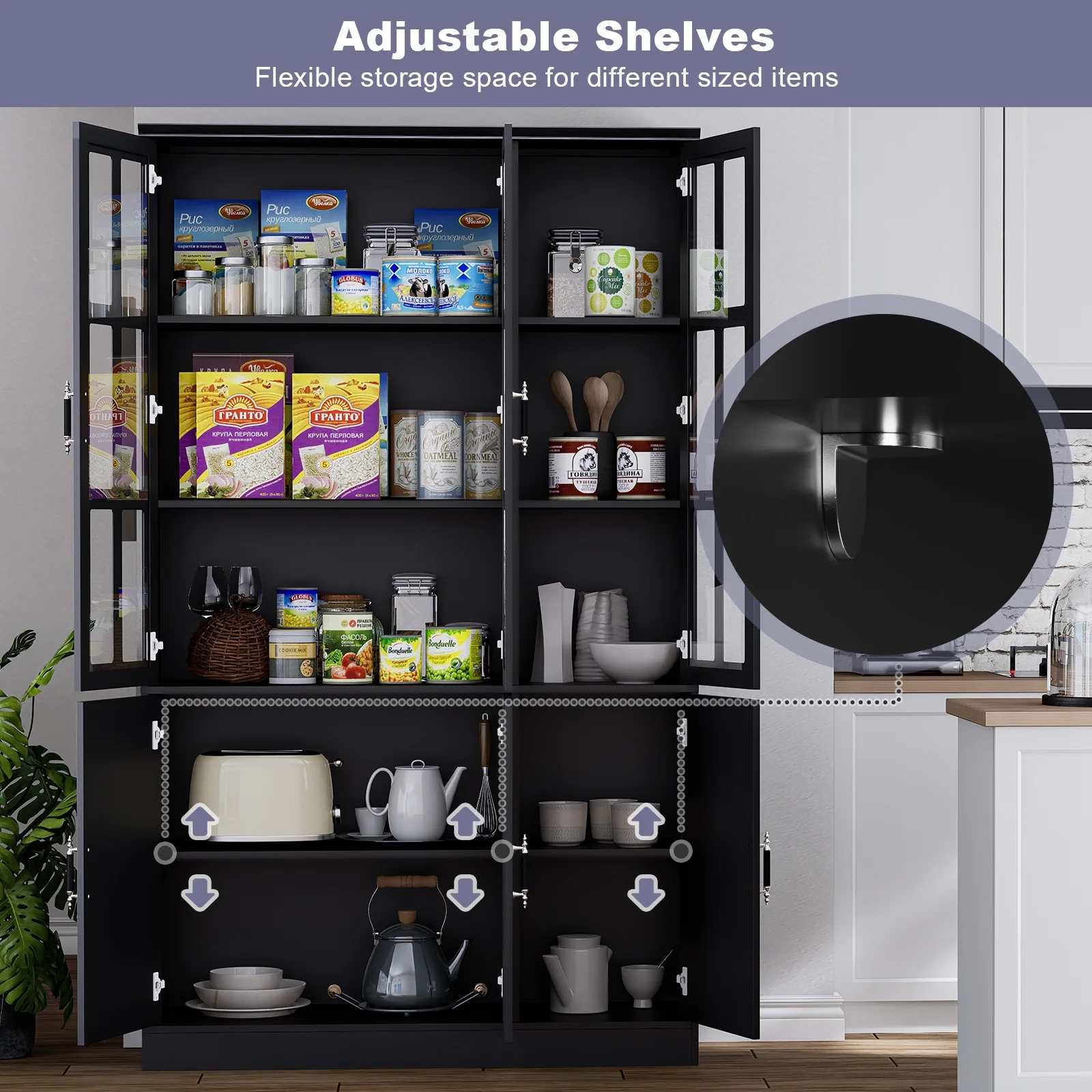 MEISSALIVVE Kitchen Pantry Storage Cabinet, 78.7" Tall Pantry Cabinet with Glass Doors & Shelves, Freestanding Kitchen Hutch Utility Pantry, Food Pantry Cabinet Cupboard, Black (47.2" W x 15.7" D) - Curated Treasures Market
