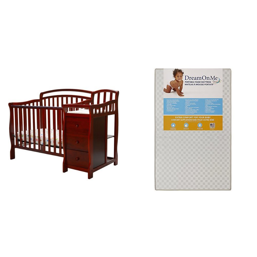 Dream On Me Casco 4 in 1 Mini Crib and Dressing Table Combo with Dream On Me 3 Portable Crib Mattress, White
