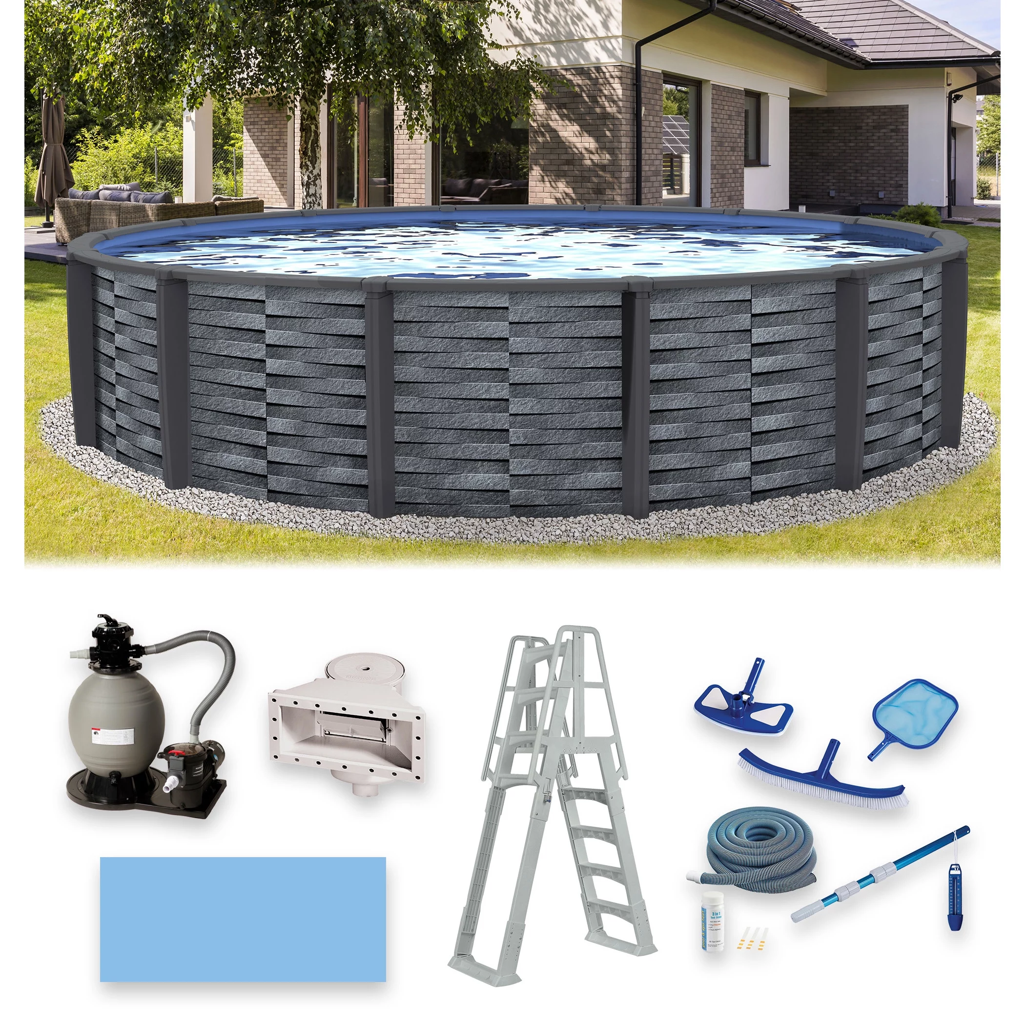 Blue Wave Affinity 15-ft Round 52-in Deep 7-in Top Rail Resin Above Ground Swimming Pool Package