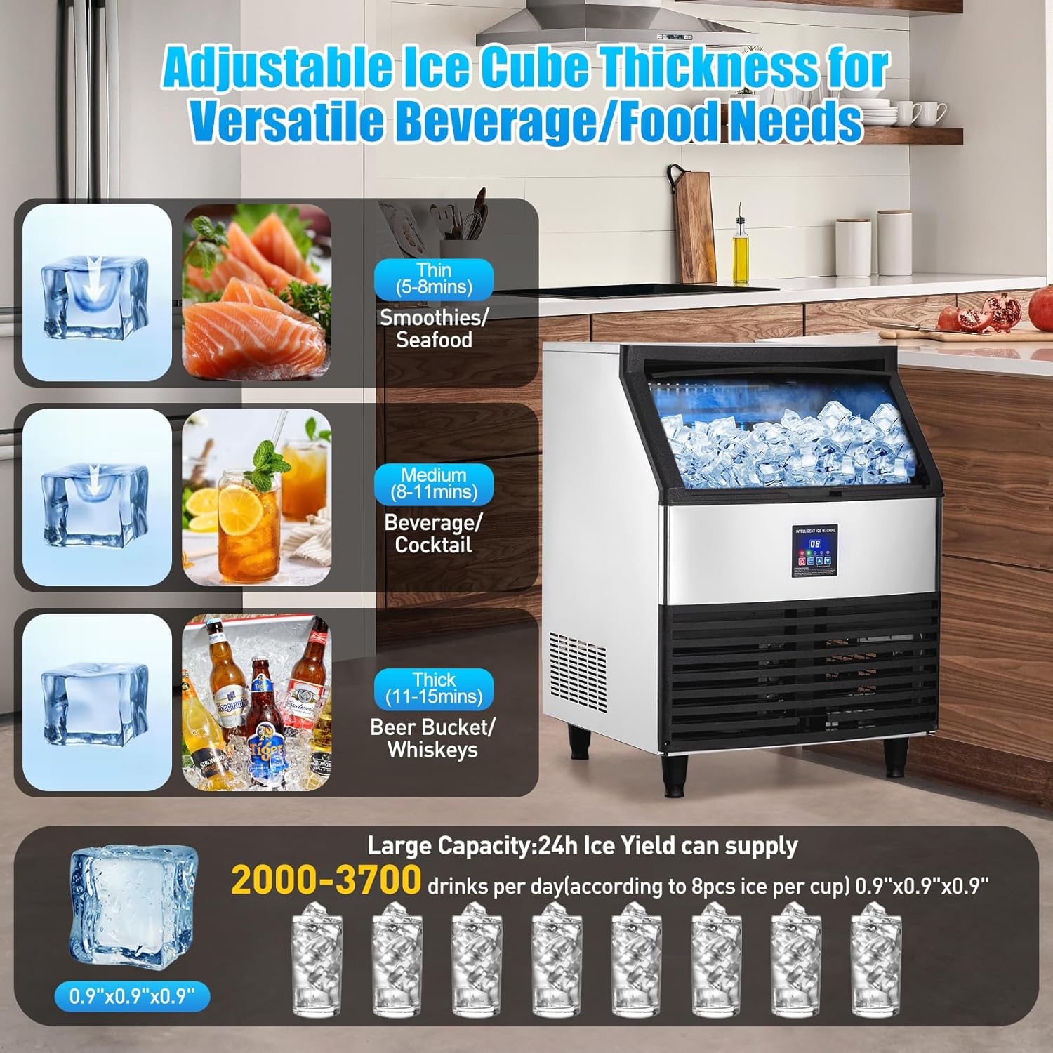Upgraded Commercial Ice Maker Machine, 300Lbs/24h with 100lbs Storage Bin/Ice Scoop/Blue Light, Freestanding Ice Machine for Home, Restaurants, Bars, 500W