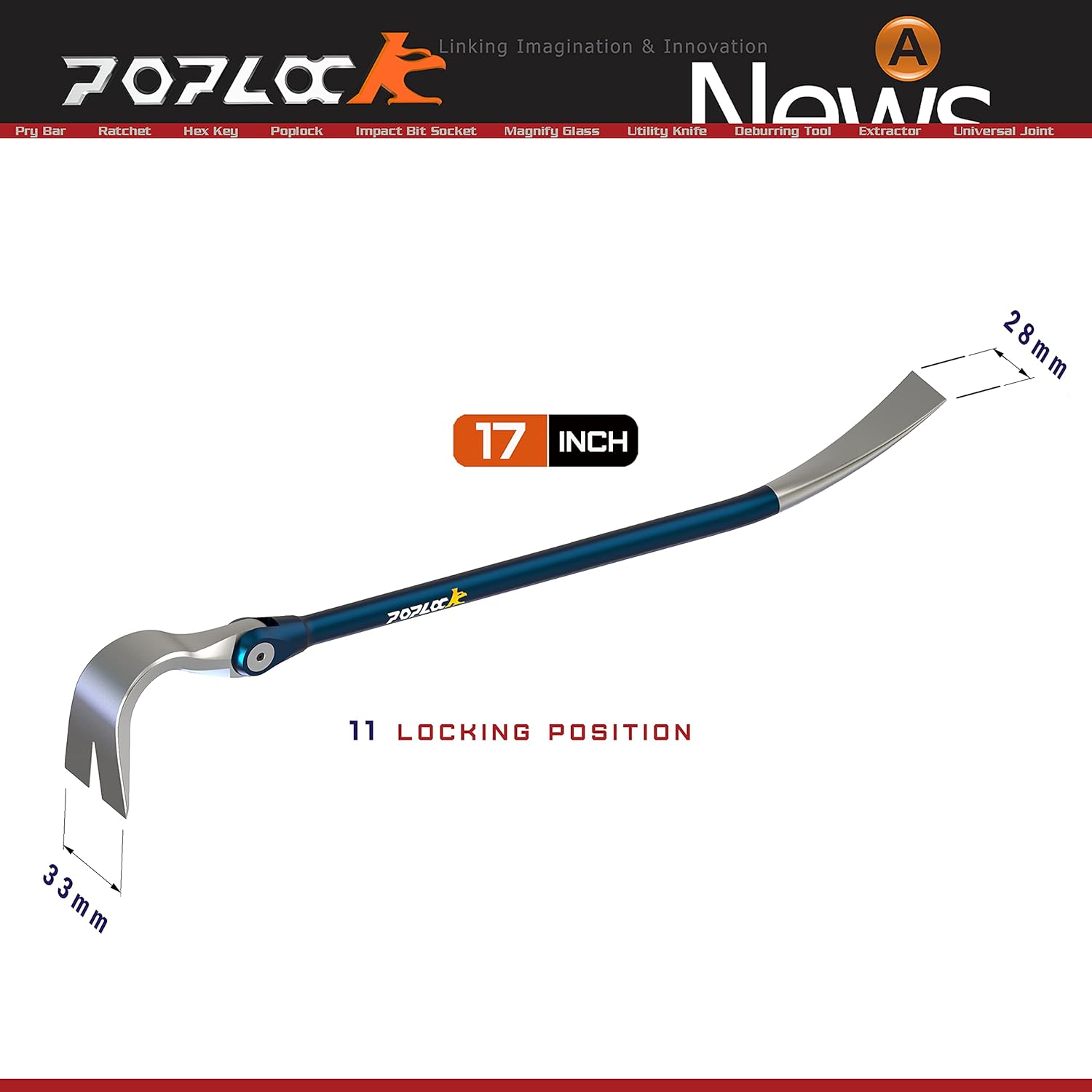POPLOCK 17" Indexing Pry Bar Adjustable Nail Puller and Industrial Baseboard Removal Tool with 11-Position Double Gear Design for Easier Demolition and Fast Wrecking Pack of 2
