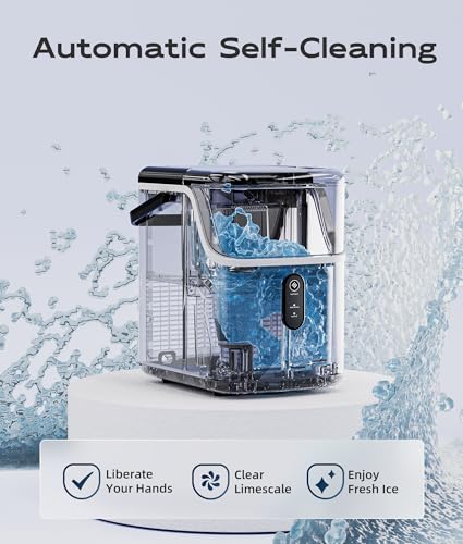 ecozy Nugget Ice Maker Countertop, Ice Maker with 33 lbs/24H, Crushed Pellet Ice Cubes, One-Click Operation Ice Machine with Self-Cleaning, for Party/Kitchen/Bar/Office, Stainless Steel