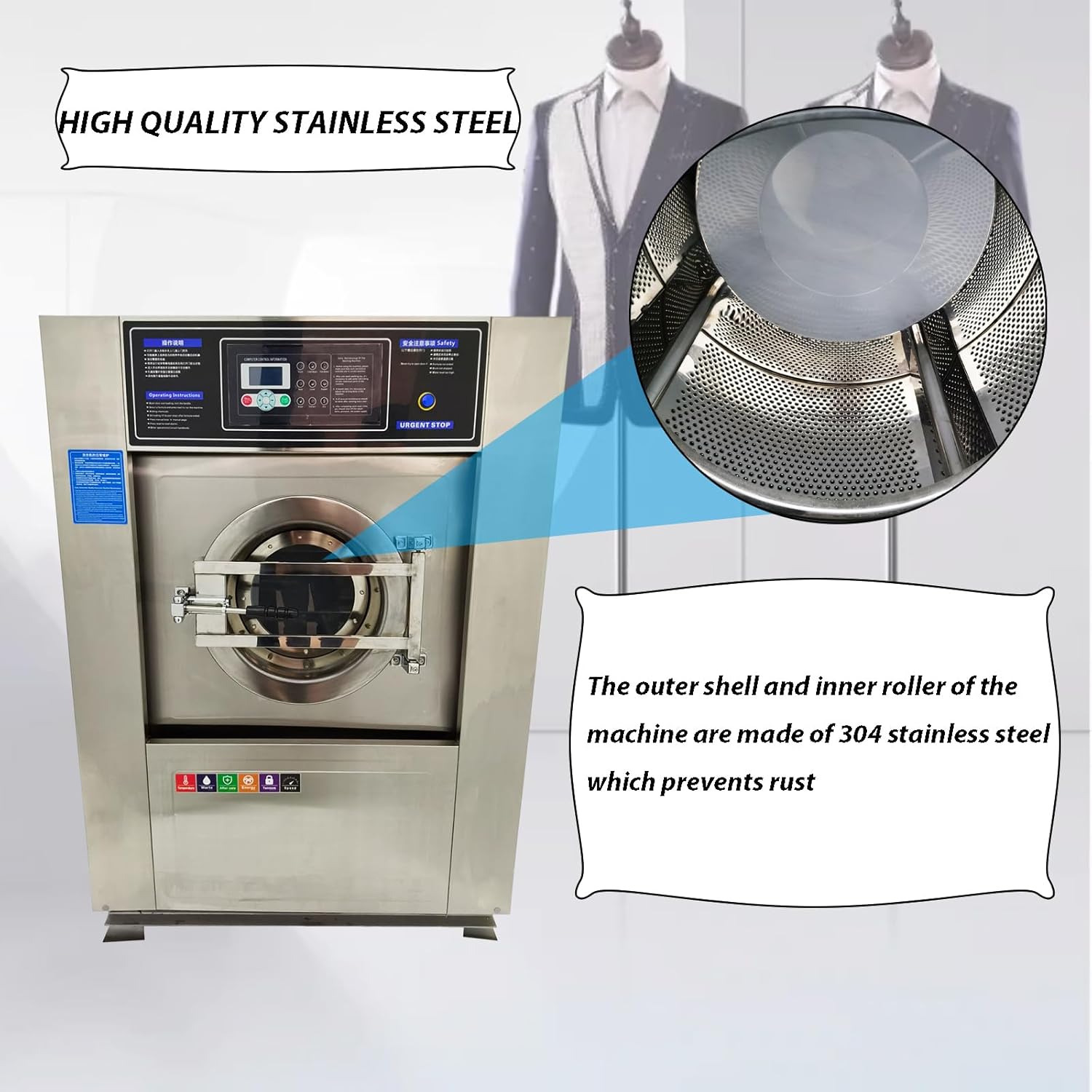 Automatic Washing Spinning Drying Combo Machine All-in-one Laundry Washer Dryer Extractor Machine WASH+SPIN+DRY 44LBS Capacity Washer Extractor Dehydrator 2.2KW 220V 3PH 60HZ