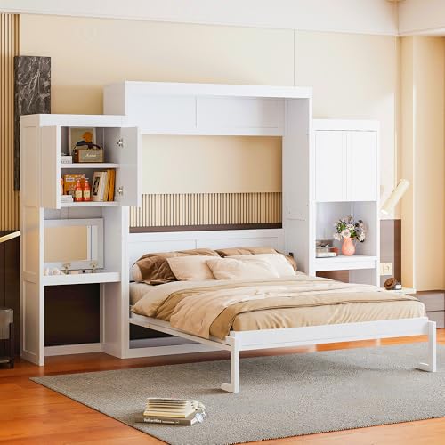 KLMM Wooden Murphy Bed Wall Bed with 2 Wardrobe and Storage Shelf,Foldable Platform Bedframe for Guest-Room Bedroom Study Office Use (White#E, Full)