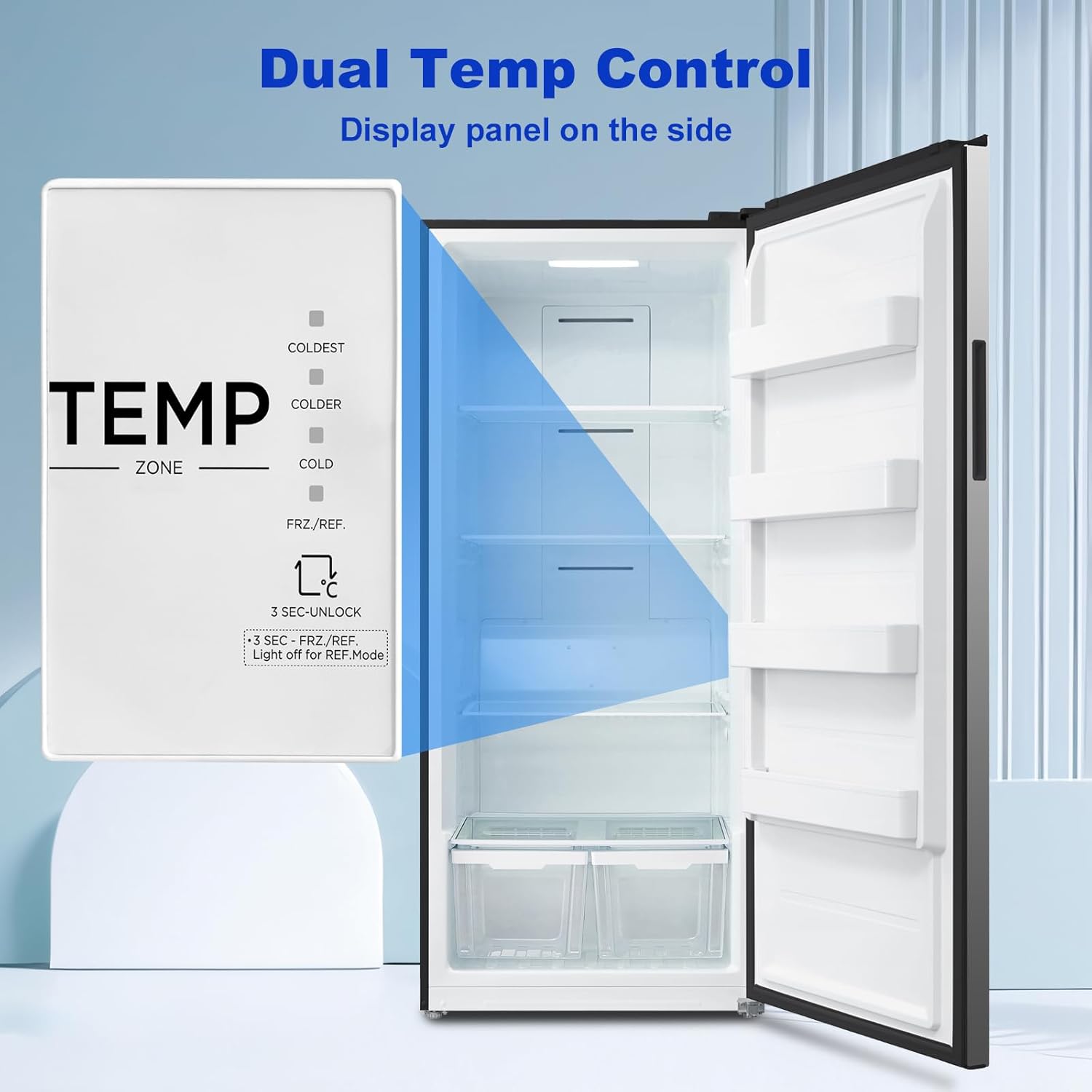 Standing Upright freezers 21 cu.ft, Garage freezer/refrigerator 115v, Quick Freeze, Dual modes, Recessed Handle Single Door, Right, Stainless Steel