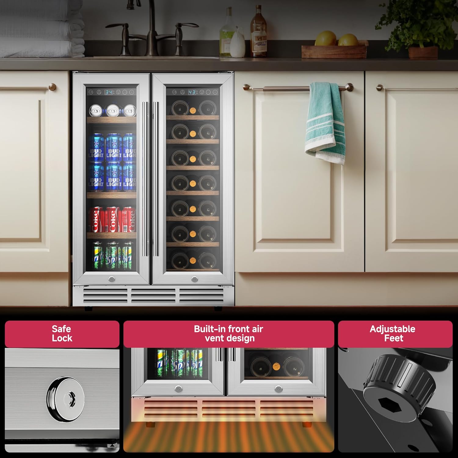 24" Wine and Beverage Refrigerator, Dual Zone Wine Cooler with Glass Door, Hold 88 Cans and 21 Bottles, Built in or Freestanding Under Counter Wine Fridge with Blue LED Light.