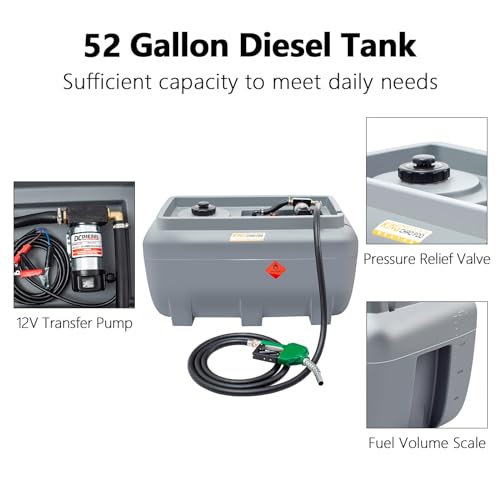 KING CHAO FOO 52 Gallon Portable Fuel Tank, Gasoline Fuel Tank with 12V Electric Fuel Transfer Pump, Diesel Fuel Tank with 19ft Electric Wire & 3 Gears Padlock Manual Fuel Nozzle (Red)