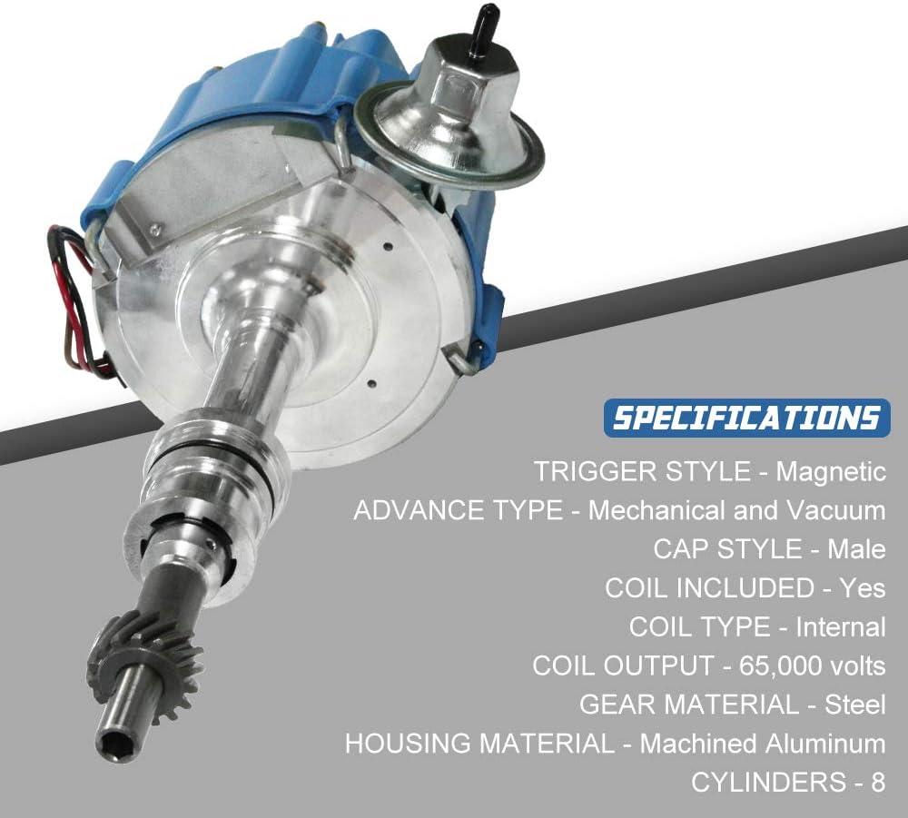 HEI Ignition Distributor for Small Block Ford 351W Windsor 5.8L 8 Cylinder New Distributor 65K Coil with Blue Cap Pack of 2