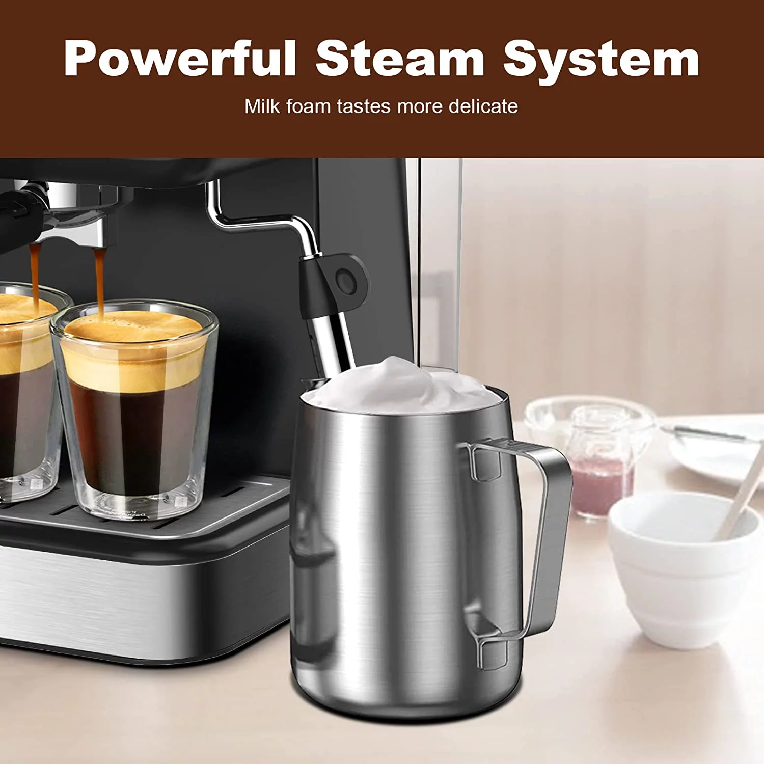 Geek Chef Espresso Machine 20 Bar, Cappuccino latte Maker Coffee Machine with ESE POD capsules filter&Milk Frother Steam Wand, 1.5L Water Tank, for Home Barista, Stainless steel 950W, Black