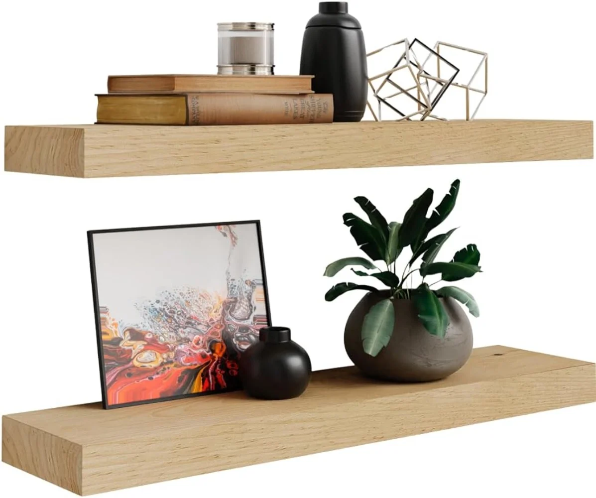 Floating Wall Shelves Set of 2 - Functional & Rustic Wooden Shelve for Home Furnishing, Bathroom, Kitchen, & Farmhouse - No Stain (Unfinished, 15") - Curated Treasures Market