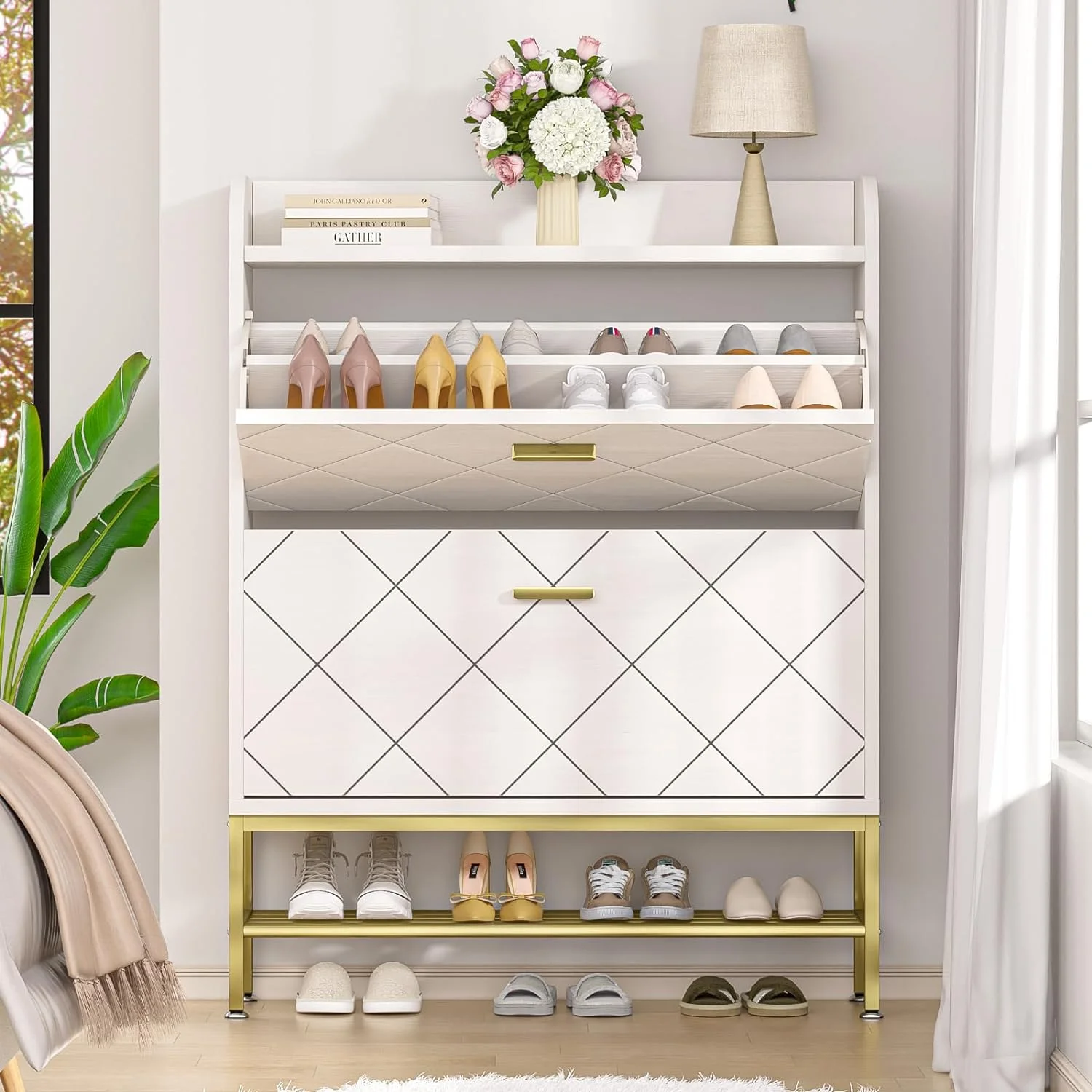 WAGEE Hidden Shoe Cabinet with Flip Drawers for Entryway, Free Standing Narrow Shoe Rack Organizer Modern Wooden Slim Shoe Storage Cabinet for Small Spaces, Living Room, Bedroom (White)
