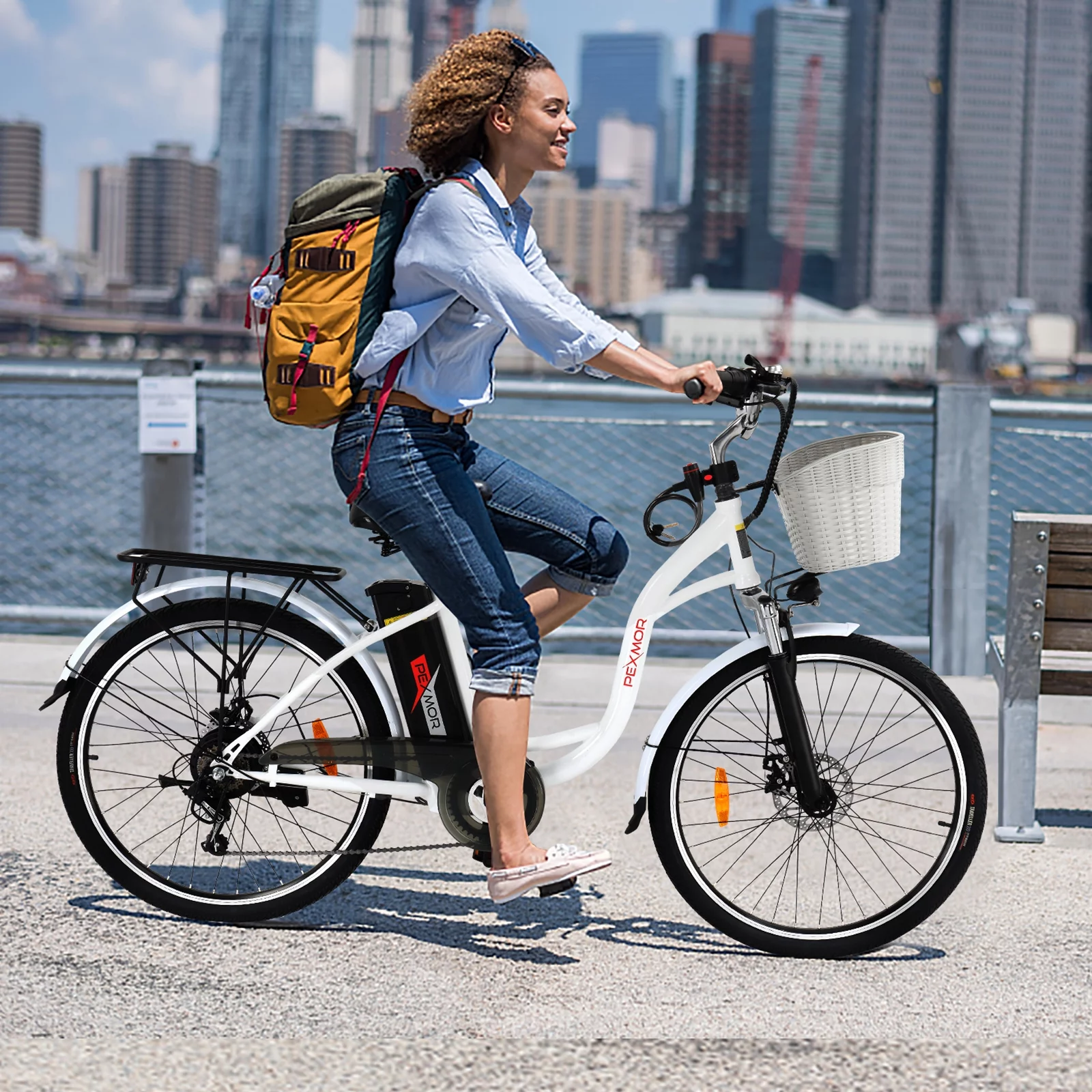 PEXMOR Electric Bike for Adults, 350W Electric City Cruiser Bike  Ebike 36V 12.5AH Removable Battery, 26" Electric Commuter Bicycle Shimano 6-Speed Dual Shock Absorber w/Basket & Headlight