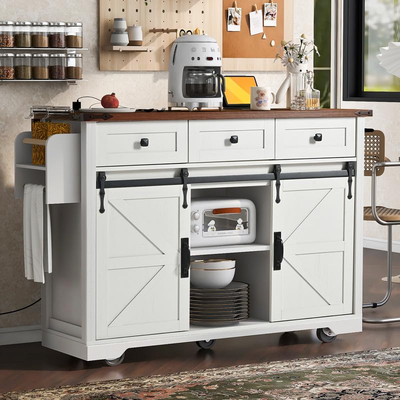 53.7" Farmhouse Kitchen Island with Power Outlet, 2 Sliding Barn Door Kitchen Storage Island with Drop Leaf, Spice Rack Rolling Kitchen Cart on Wheels, for Home, Kitchen and Dining Room, Black