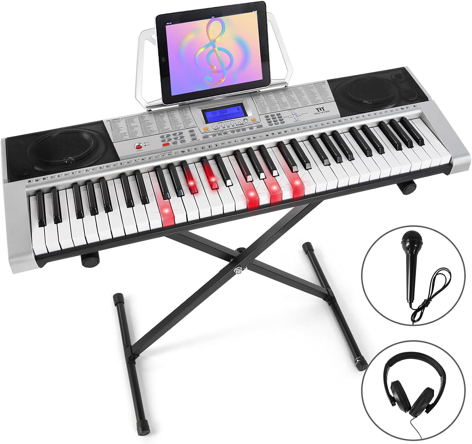 MUSTAR 61 Key Piano Keyboard, Portable Touch Sensitive Keyboard Piano for Beginners, Electric Keyboards Piano with Stand, LCD Display, Bench, Headphones, Microphone and Power Adapter, Black