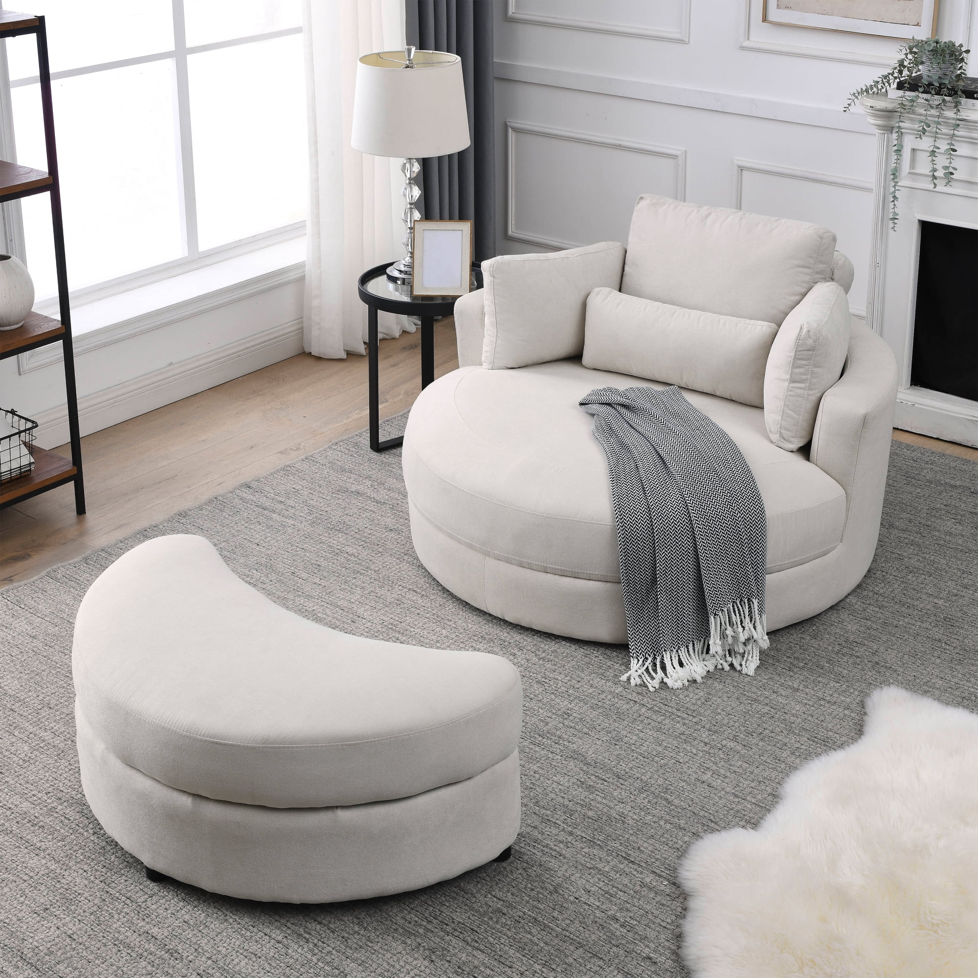 [Video] Welike Swivel Accent Barrel Modern Sofa Lounge Club Big Round Chair with Storage Ottoman Linen Fabric for Living Room Hotel with Pillows . *2PCS